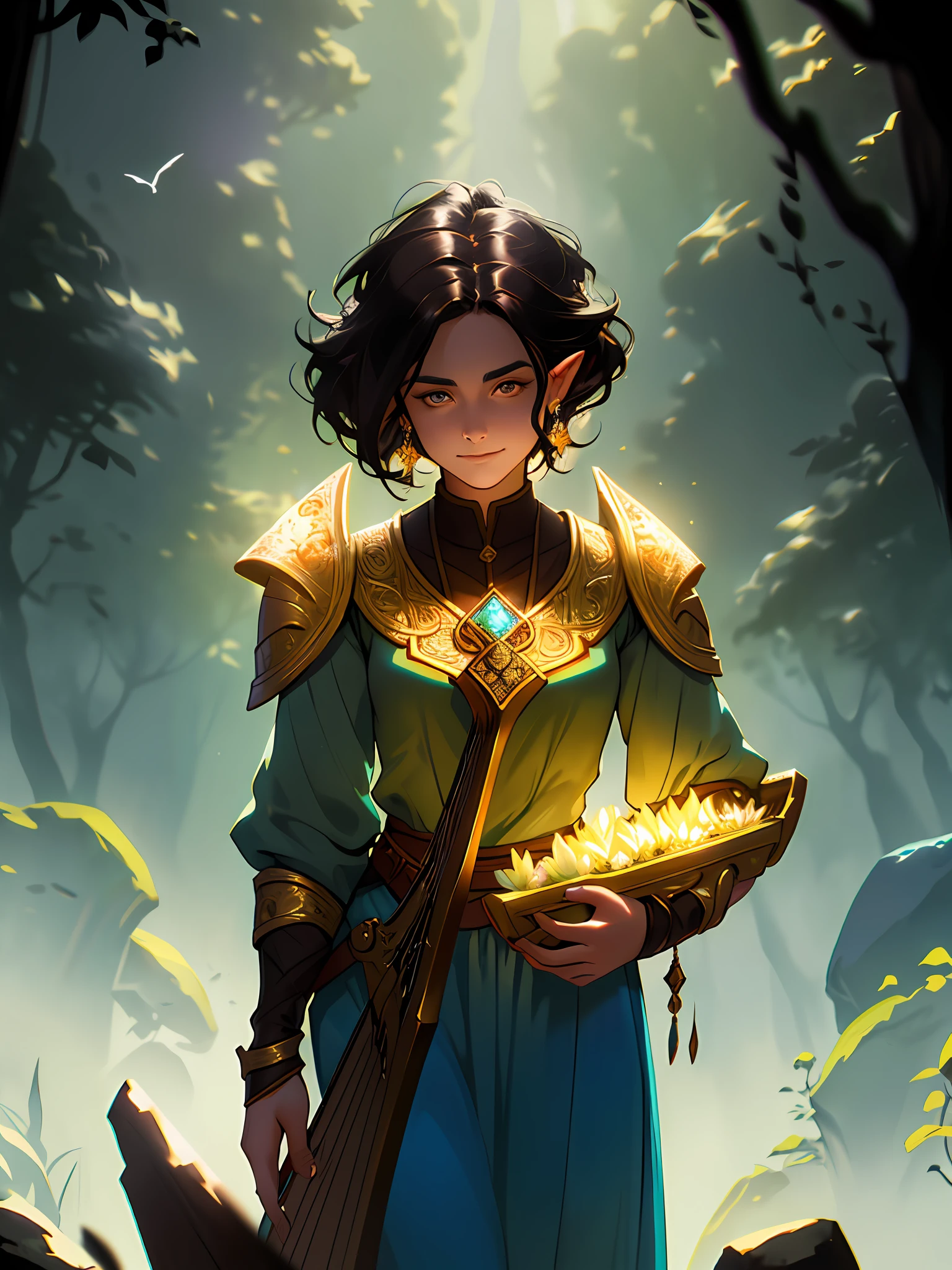 modelshoot style, award-winning digital art of a woman halflings bard, short stature, fully clothed, in a fantasy village, D&D, masterpiece, second a harp, best quality, high contrast, soft lighting, backlighting, blooming, light glows, chromatic aberration, smooth, sharp focus