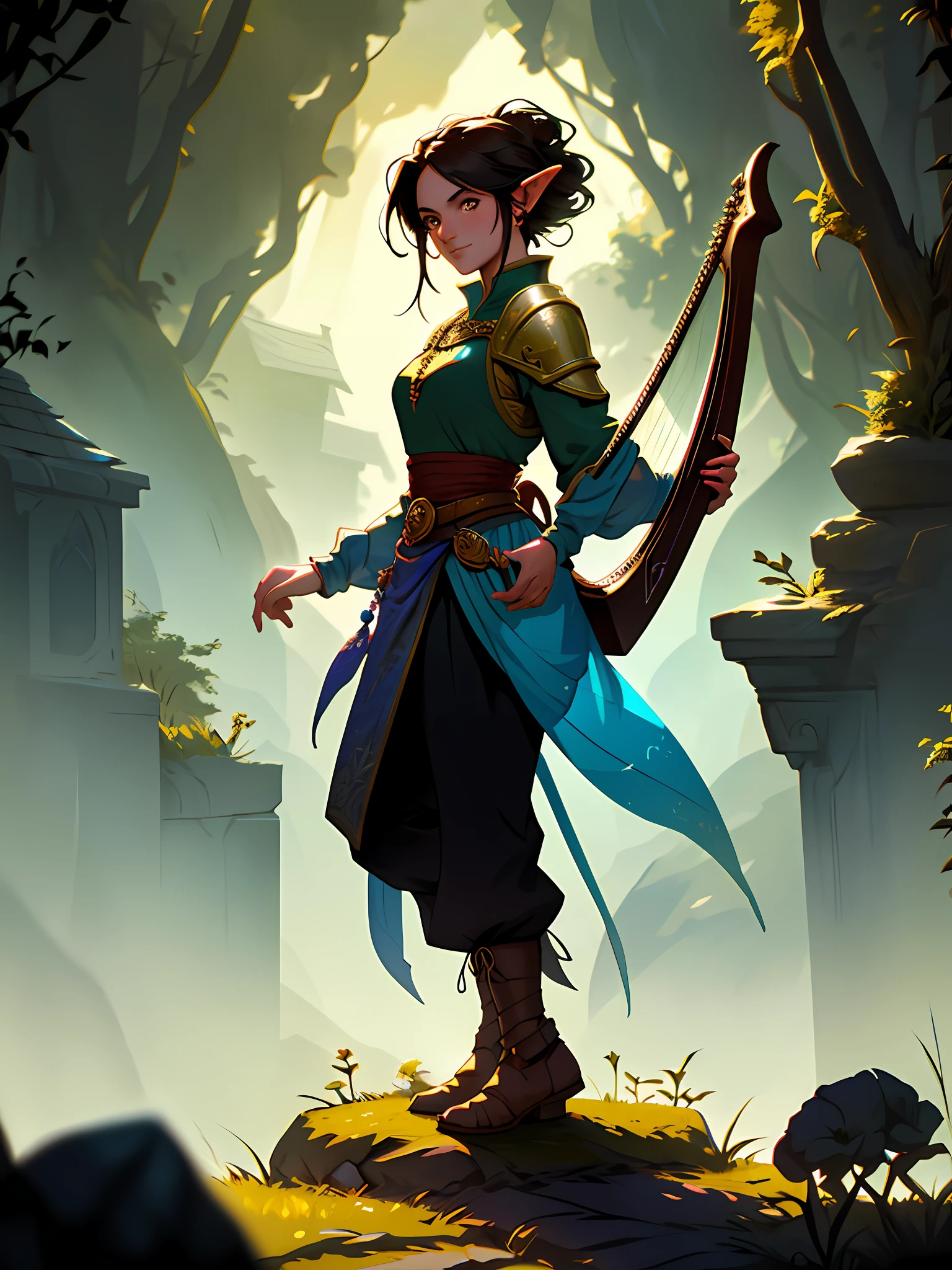 modelshoot style, award-winning digital art of a woman halflings bard, short stature, fully clothed, in a fantasy village, D&amp;D, masterpiece, second a harp, best quality, high contrast, soft lighting, backlighting, blooming, light glows, chromatic aberration, smooth, sharp focus
