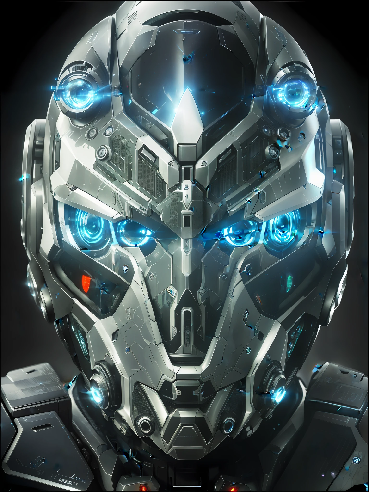 a close up of a futuristic looking helmet with glowing eyes, symmetry!! portrait of cyborg, portrait of a mech, detailed portrait of a cyborg, unreal 5. rpg portrait, ultra detailed game art, bio - mech face, cyborg portrait, anfas portrait of a mech warrior, cybernetic and highly detailed, 4k highly detailed digital art, symmetry! futuristic robotic