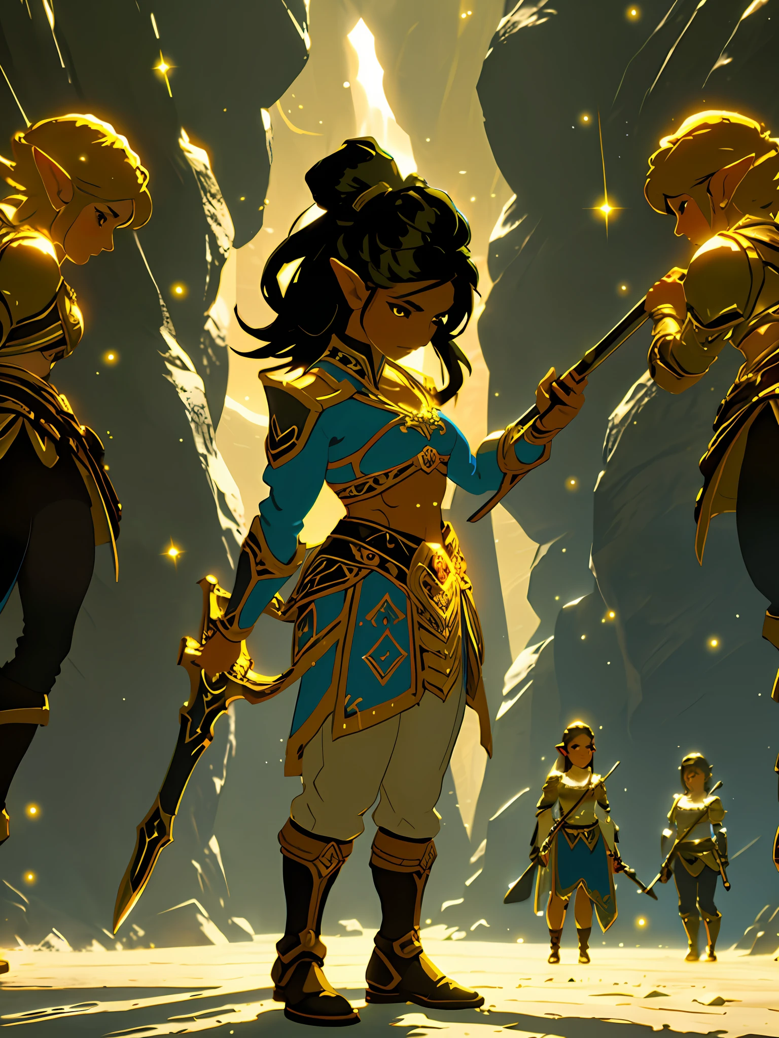 a halflings bard woman, a small golden harp on her back, black hair, brown eyes, wielding a foil in battle posture, short stature, fully clothed, in a dungeon, masterpiece, best quality, high contrast, soft lighting, backlighting, blooming, light sparkles, chromatic aberration, smooth, sharp focus