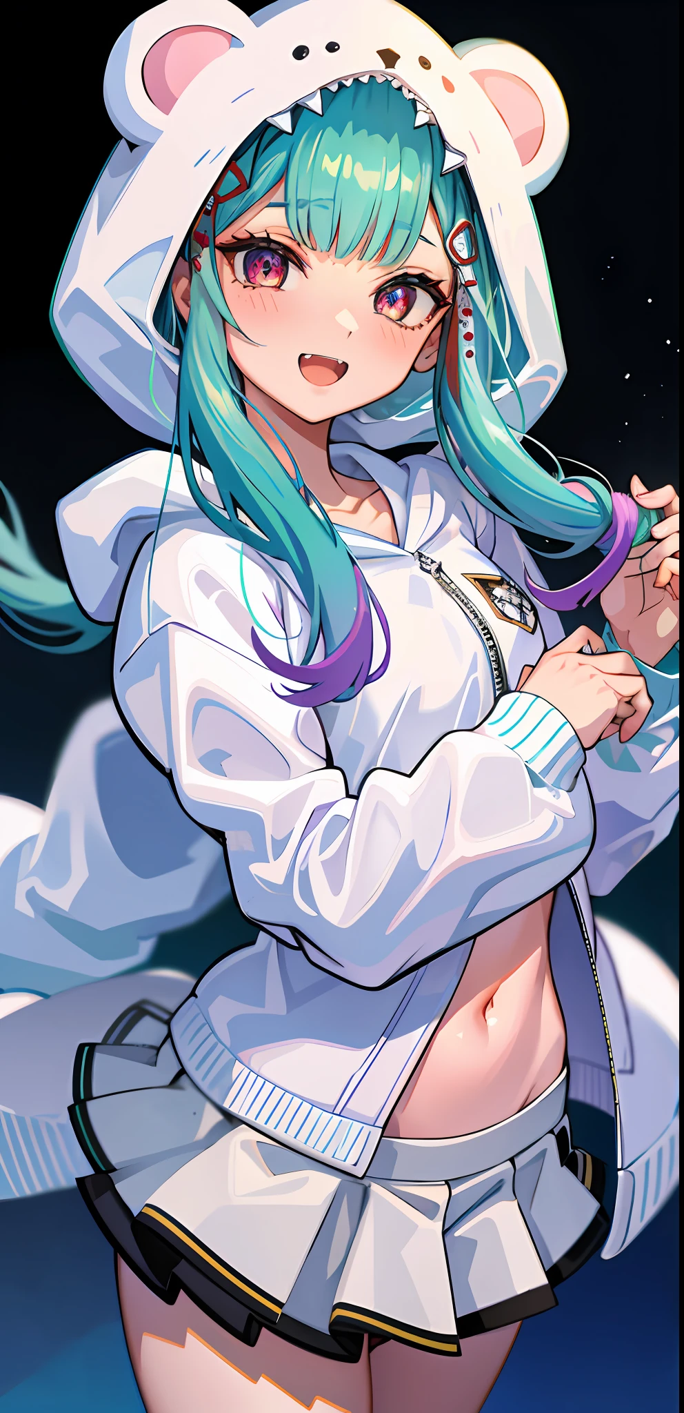 masterpiece, high quality, highres, absurdres, ultra-detailed, detailed eyes, 8k, ti-emb_kobo-kanaeru, 1girl, colorful eyes, fangs, open mouth, bangs, colorful background, looking at viewer, vibrant, contrast,2d, masterpiece, best quality, anime, highly detailed face, highly detailed eyes, highly detailed background, perfect lighting, 1girl, solo, rushia_hoodie, green hair, long hair, white hoodie, miniskirt, smile, japanese town, street