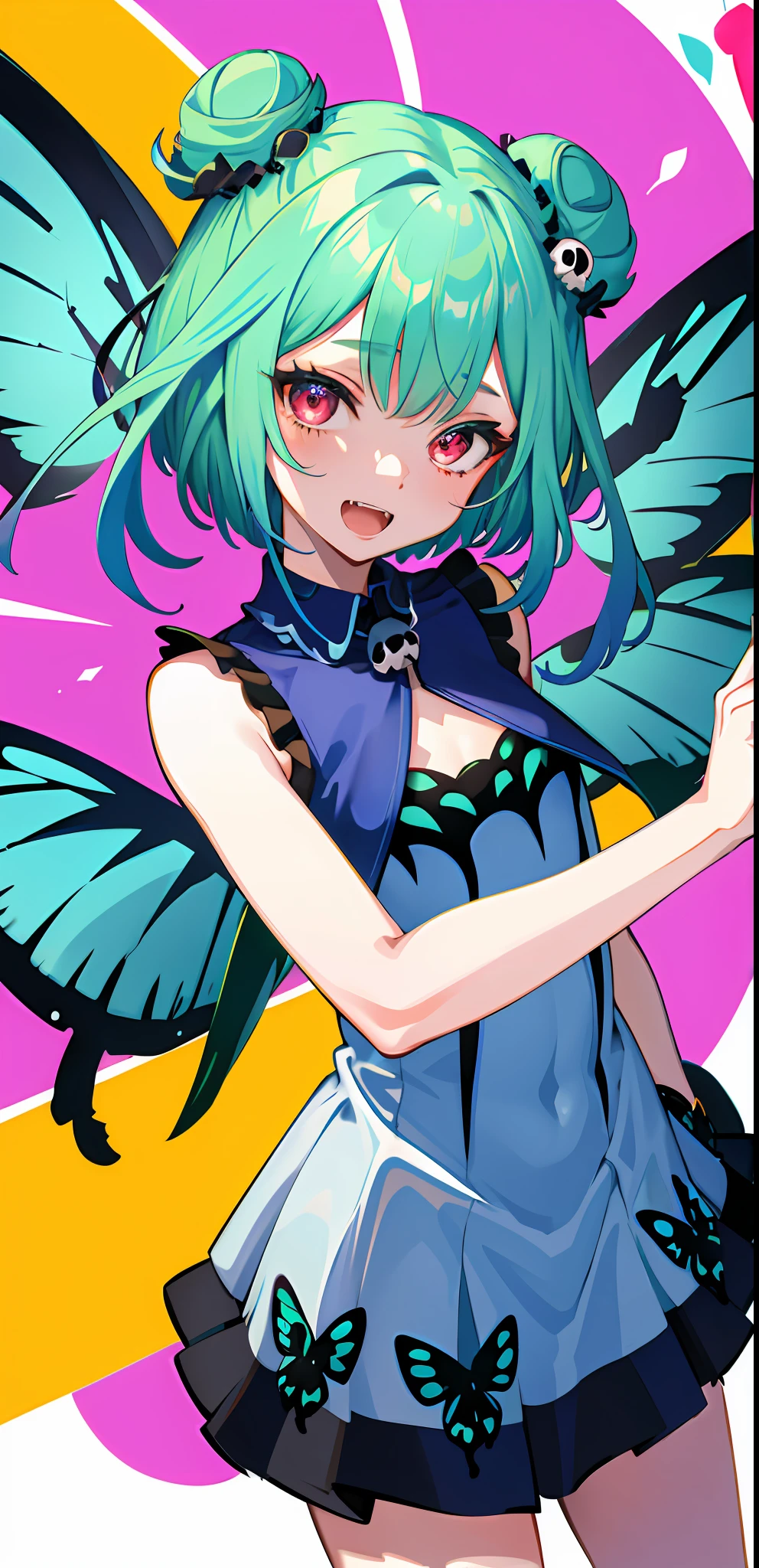 masterpiece, high quality, highres, absurdres, ultra-detailed, detailed eyes, 8k, ti-emb_kobo-kanaeru, 1girl, colorful eyes, fangs, open mouth, bangs, colorful background, looking at viewer, vibrant, contrast, gradient hair, happy, graffiti wall background, water splash, close up, 2d, masterpiece, best quality, anime, highly detailed face, highly detailed eyes, highly detailed background, perfect lighting, 1girl, solo, rushia_blue, green hair, short hair, double bun, blue dress, short dress, butterfly, skull hair ornament, smile, graveyard
