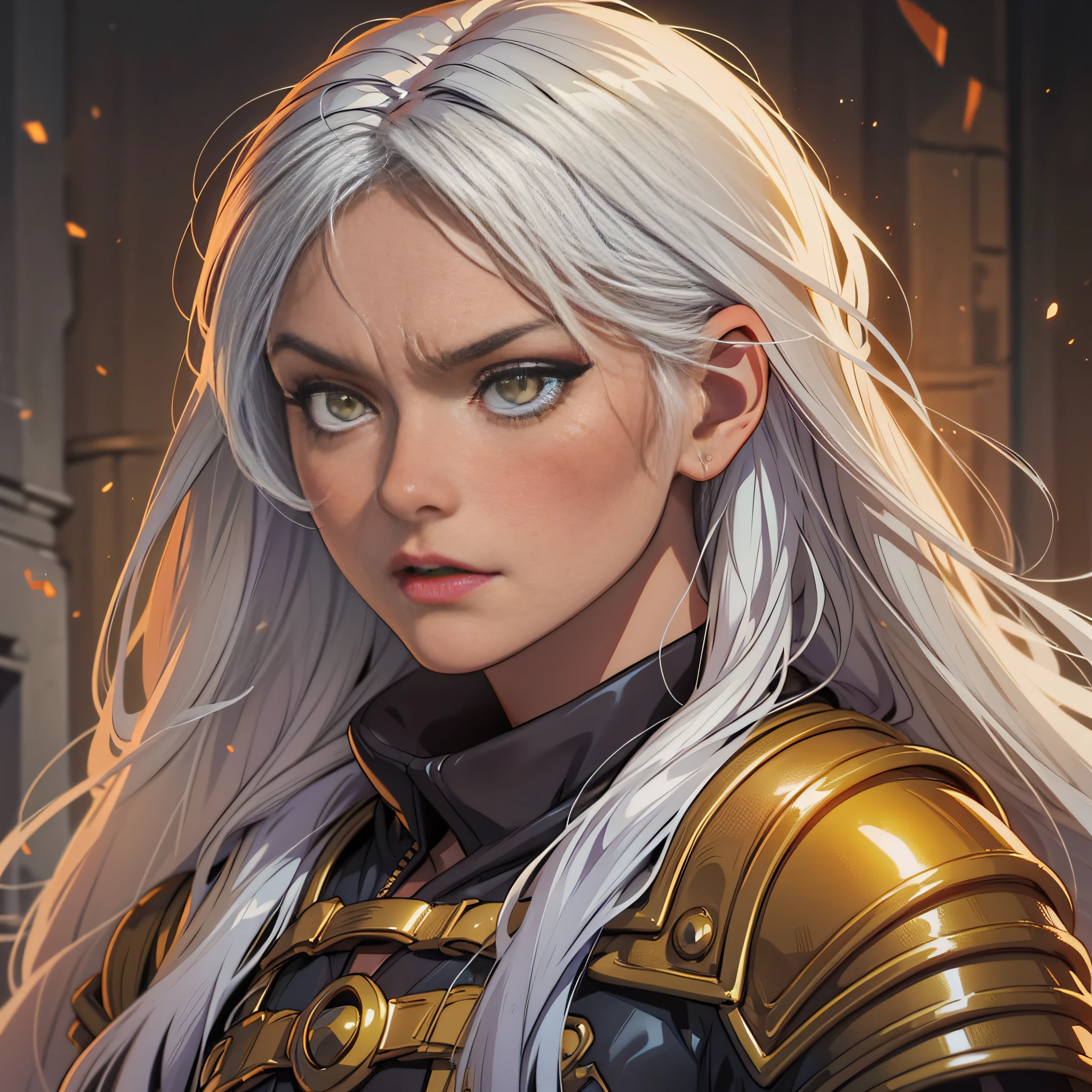 Portrait Rpg, close-up, Vector art, Race: Human, Gender: Female, Age: 25, Eyes color: Yellow, Skin color: Tan skin, Physique: Muscle complexion,  features: Some scars in the face, Expression: Serious look, Hair style: Long White Hair , Equipment: Rogue fantasy clothes, Background: fantasy city