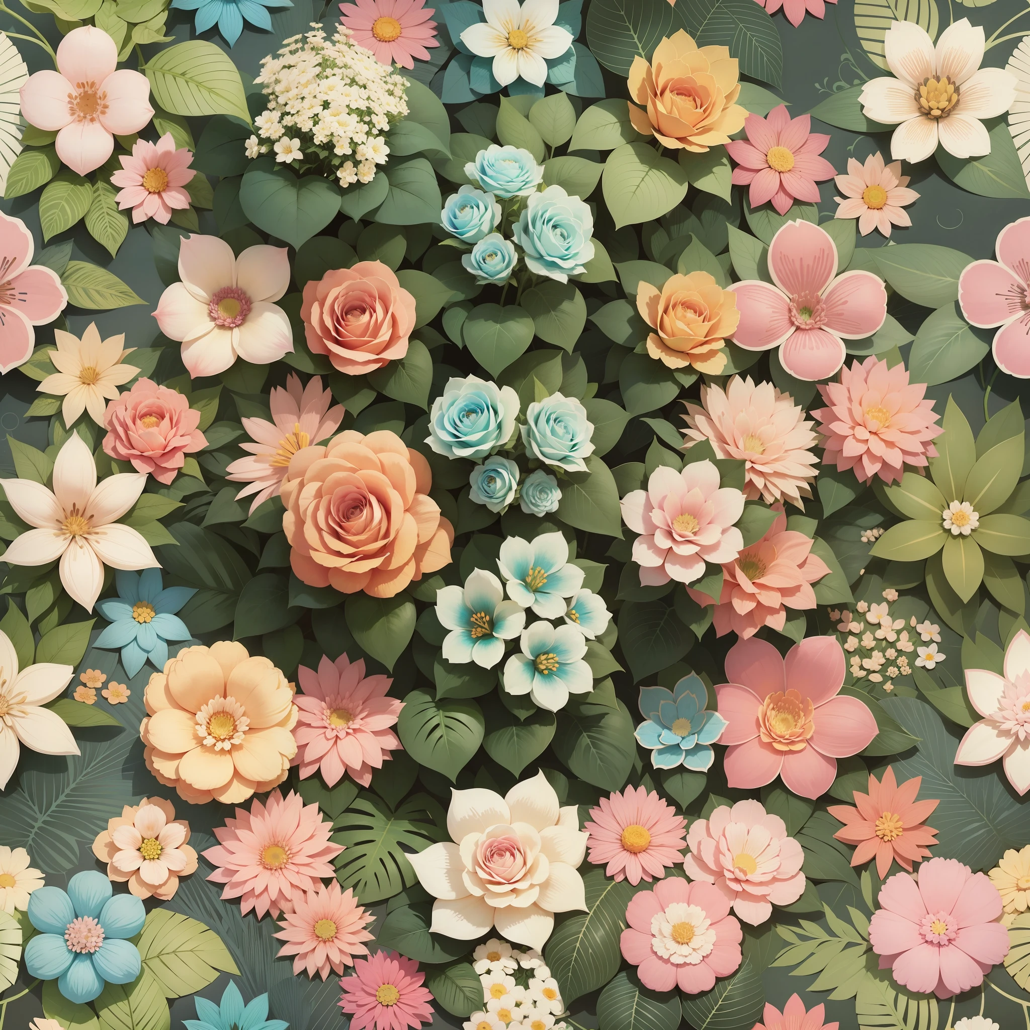 Set pattern of large flowers with plants, of defined shape, flat style, vector style, drawing style, naïve style, wallpaper style, in soft pastel colors such as old pink, pastel blue, light blue, beige, pastel yellow, white. No shadows in the images.