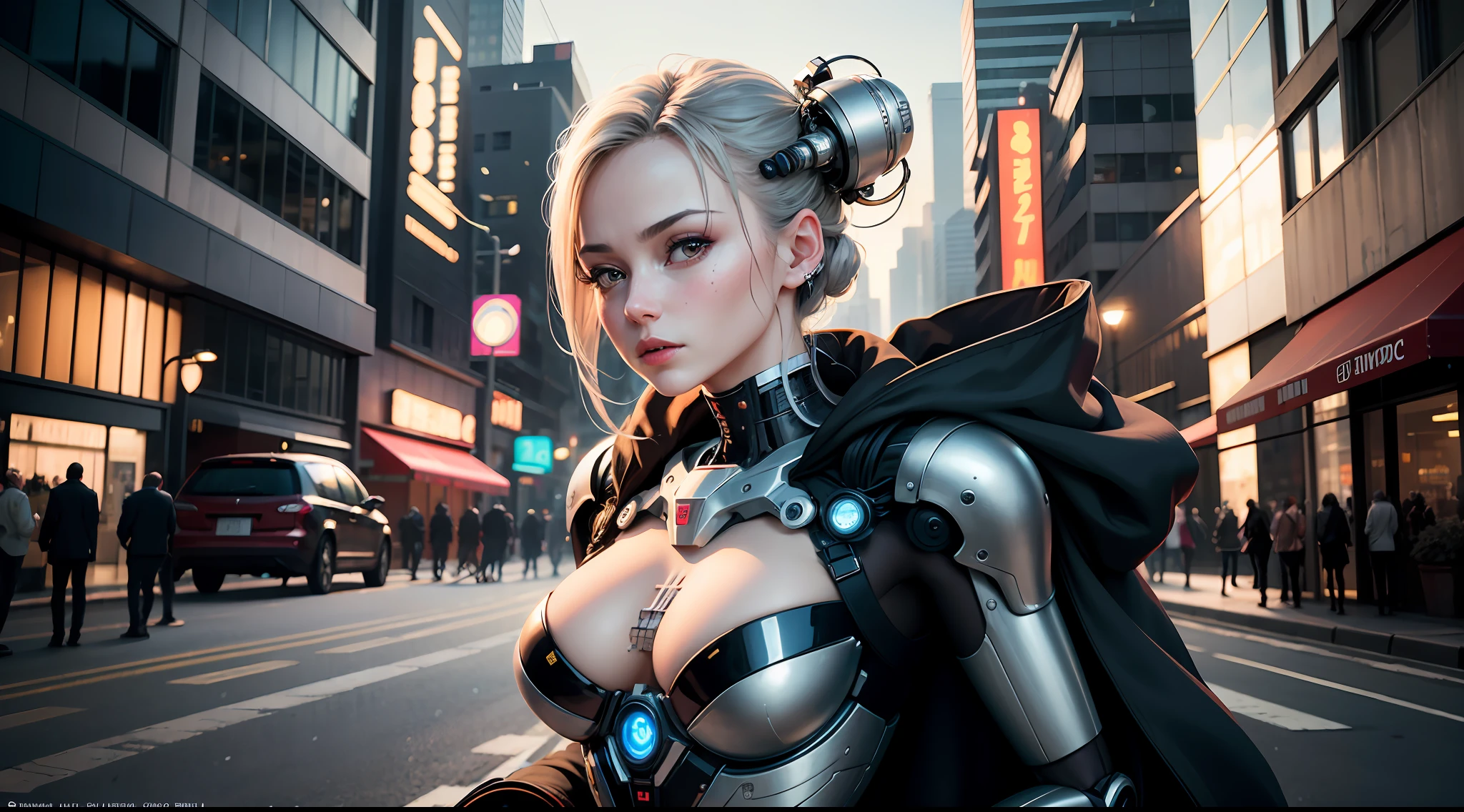 Complex 3d rendering very detailed beautiful ceramic silhouette female robot face, robot, robot parts, 150 mm, beautiful studio soft light, edge light, vibrant details, luxurious cyberpunk, lace, surrealism, anatomy, facial muscles, cable wire, microchip, elegant, beautiful background, octane rendering, HR Giger style, 8k, best quality, masterpiece, illustration, very refined and beautiful, very detailed, CG, unified, wallpaper, (realism, Realism: 1.37), amazing, fine details, masterpiece, best quality, official art, very detailed CG unified 8k wallpaper, ridiculous, incredibly ridiculous, robot, silver helmet, full body, sitting lens 85mm, 2.0 large aperture, supercar car, city outdoor street, female robot and car group photo, car model, urban style metallic cool tones