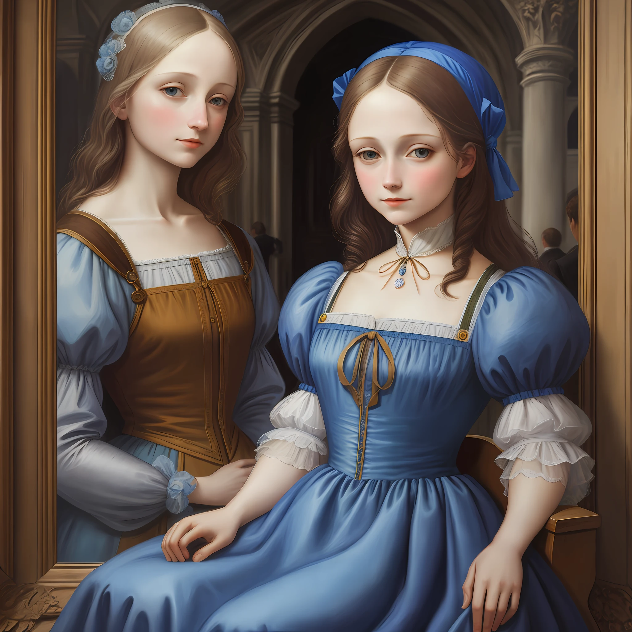 Emma Myers, blue dress, in Paris, oil painting, Leonardo Da Vinci, defined features, realism, Renaissance