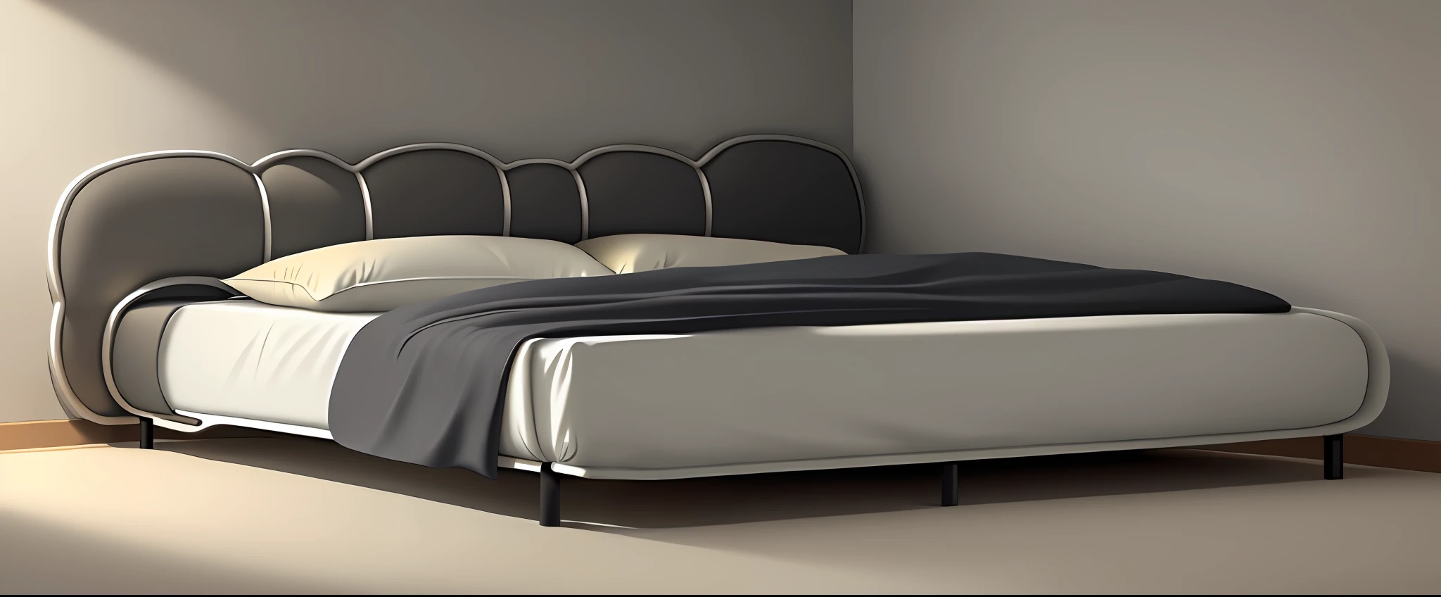 There is a bed with yellow bedside bed and gray black blanket, fabric bed, comfortable big bed, furniture design, creative design, white background, picture realistic rendering, furniture photography