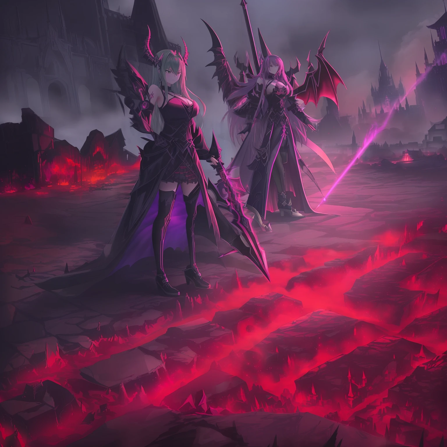"(in her castle adorned with alien skulls, the imposing dark angel Haruna holding her frostmourne rulling the world with iron fist and tyranny, flaming red hair:1,4, best quality, anime Corrector Yui, masterpiece, wearing gothic clothes, black demoniac wings, violet eyes, dim light, hazy background,pretty,perfect body,perfect face,mist on the ground,evil aura,maximum details,,torchlights on the wall with green fire,badass,blood red skies,fire from above)"