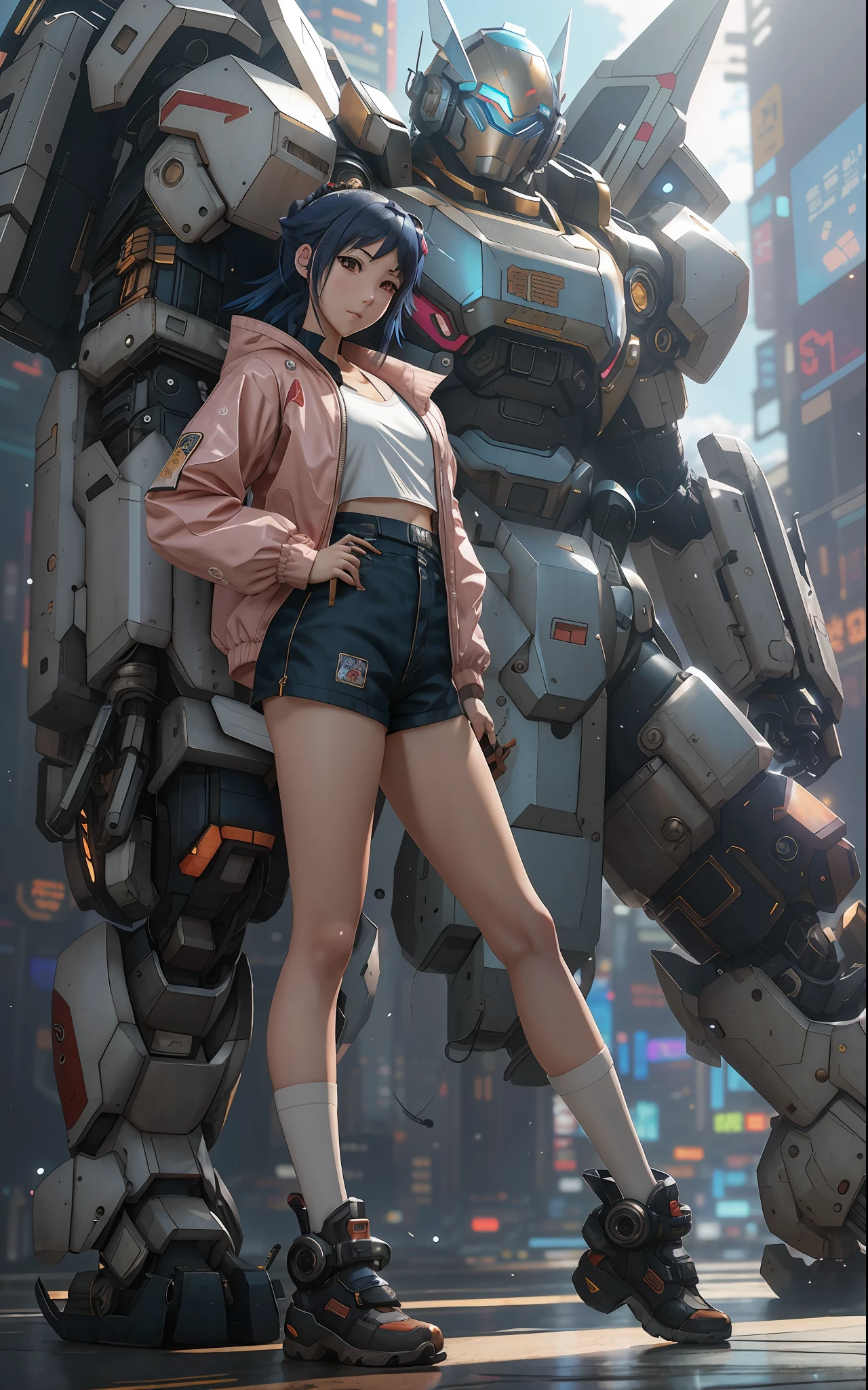 anime girl in short shorts and jacket standing next to giant robot, artwork in the style of guweiz, cyberpunk anime girl mech, trending on cgstation, guweiz, by Russell Dongjun Lu, digital cyberpunk anime art, ross tran 8 k, guweiz on artstation pixiv, girl in mecha cyber armor