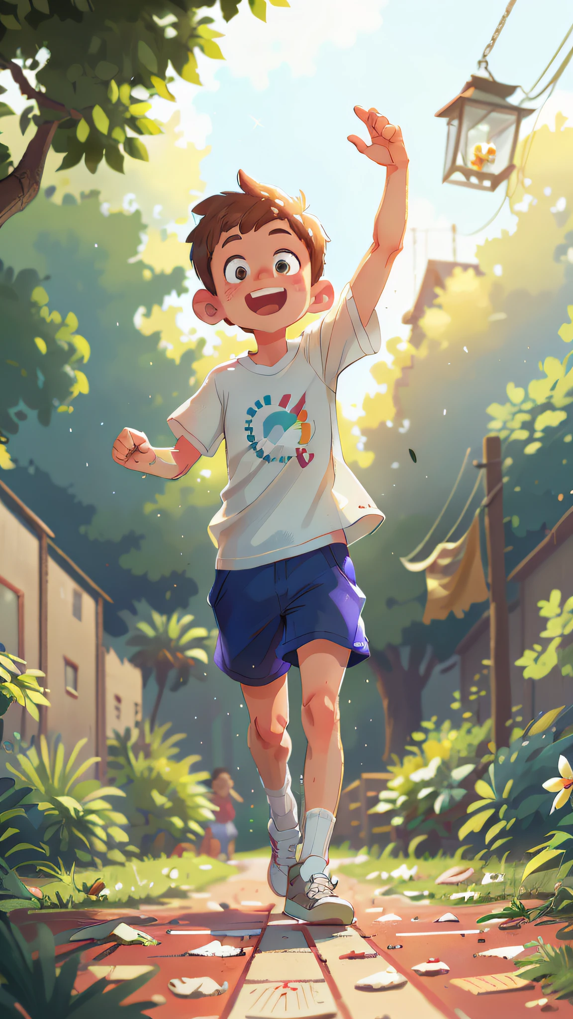 A short-sleeved white boy, high school gate, running, extremely happy summer, sunshine, lush trees, Tyndall light effect, happy, perfect quality, clear focus (clutter - home: 0.8), (masterpiece: 1.2) (Realistic: 1.2) (Bokeh) (Best quality) (Detailed skin: 1.3) (Intricate details) (8K) (Detail eyes) (Sharp focus), (Happy)