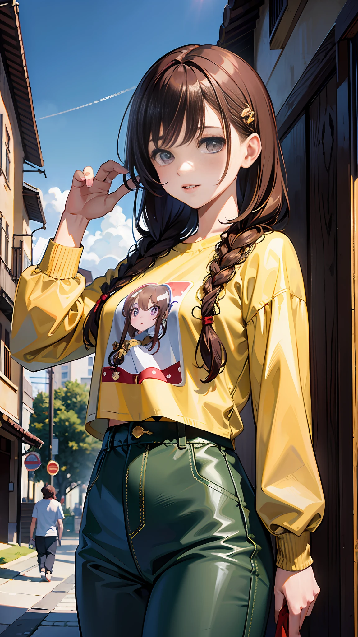 (best quality:1.3),(masterpiece:1.15),(illustration:1.23),(ultra-detailed:1.26), (4k res), High resolution, 1girl, solo, brown hair, long hair, braid, one braid, braid on left side, purple eyes, two red hairclips, yellow shirt, green sweatdrop, sweatdrop below shirt, blue pants, at park, big eyes