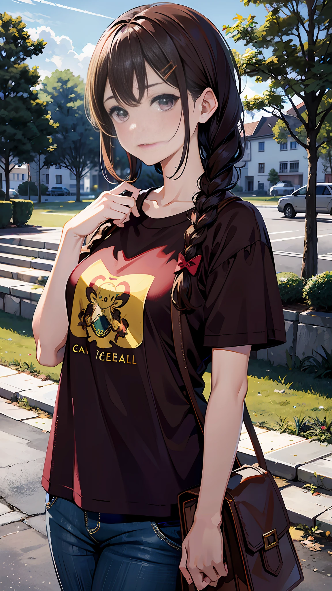 (best quality:1.3),(masterpiece:1.15),(illustration:1.23),(ultra-detailed:1.26), (4k res), High resolution, 1girl, solo, brown hair, long hair, braid, one braid, braid on left side, purple eyes, two red hairclips, yellow shirt, green sweatdrop, sweatdrop below shirt, blue pants, at park, big eyes