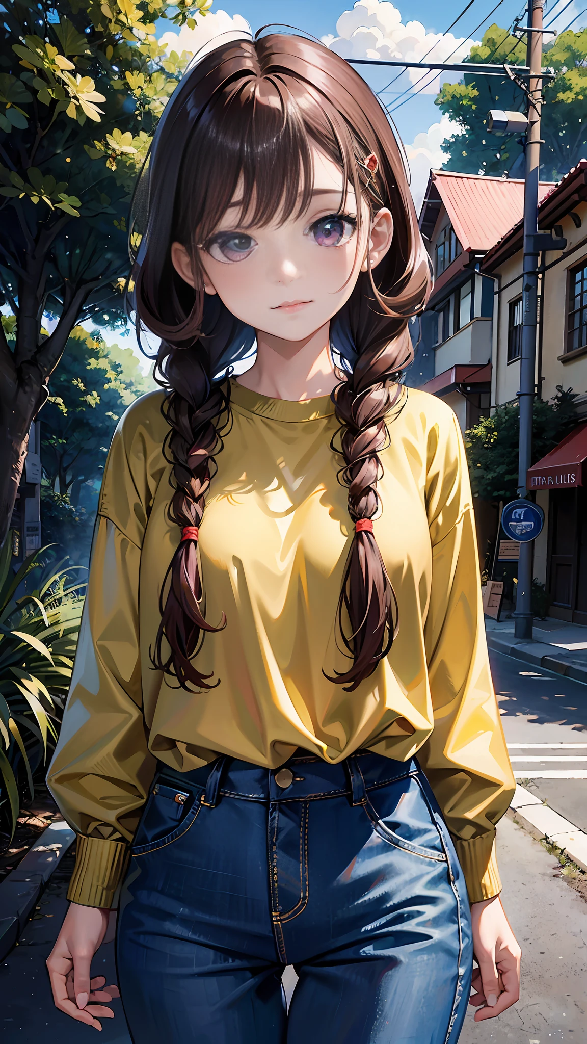 (best quality:1.3),(masterpiece:1.15),(illustration:1.23),(ultra-detailed:1.26), (4k res), High resolution, 1girl, solo, brown hair, long hair, braid, one braid, braid on left side, purple eyes, two red hairclips, yellow shirt, green sweatdrop, sweatdrop below shirt, blue pants, at park, big eyes