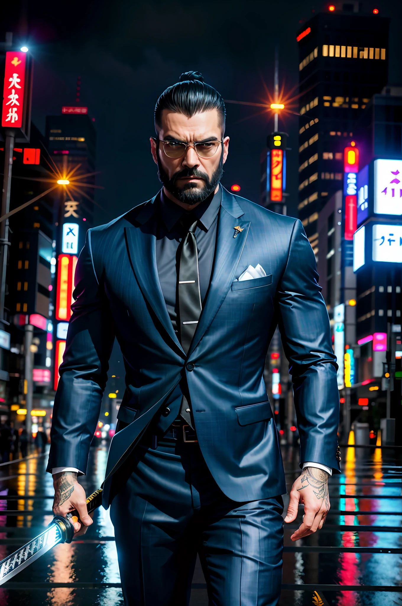RAW photo, full-body, dynamic pose, muscular bearded guy in a suit and tie, yakuza, (light bokeh)++, intricate, (slight (sheen)-)+, elegant, sharp focus, photo by greg rutkowski, soft lighting, vibrant colors, (masterpiece)+, (streets)++, (detailed face)+, futuristic, hightech, scifi, heavy brow, sparkly eyes, stunning, high-definition, ultra HD, 4k resolution, retina display, sharp, crisp, clear, vibrant, XF IQ4, 150MP, 50mm,  ISO 1000, 1/250s, Adobe Lightroom, photolab, Affinity Photo, PhotoDirector 365, scar over right eye, tokyo city backdrop cowboy shot, holding sword, katana, katana blade, rain, heavy rain, dark atmosphere,