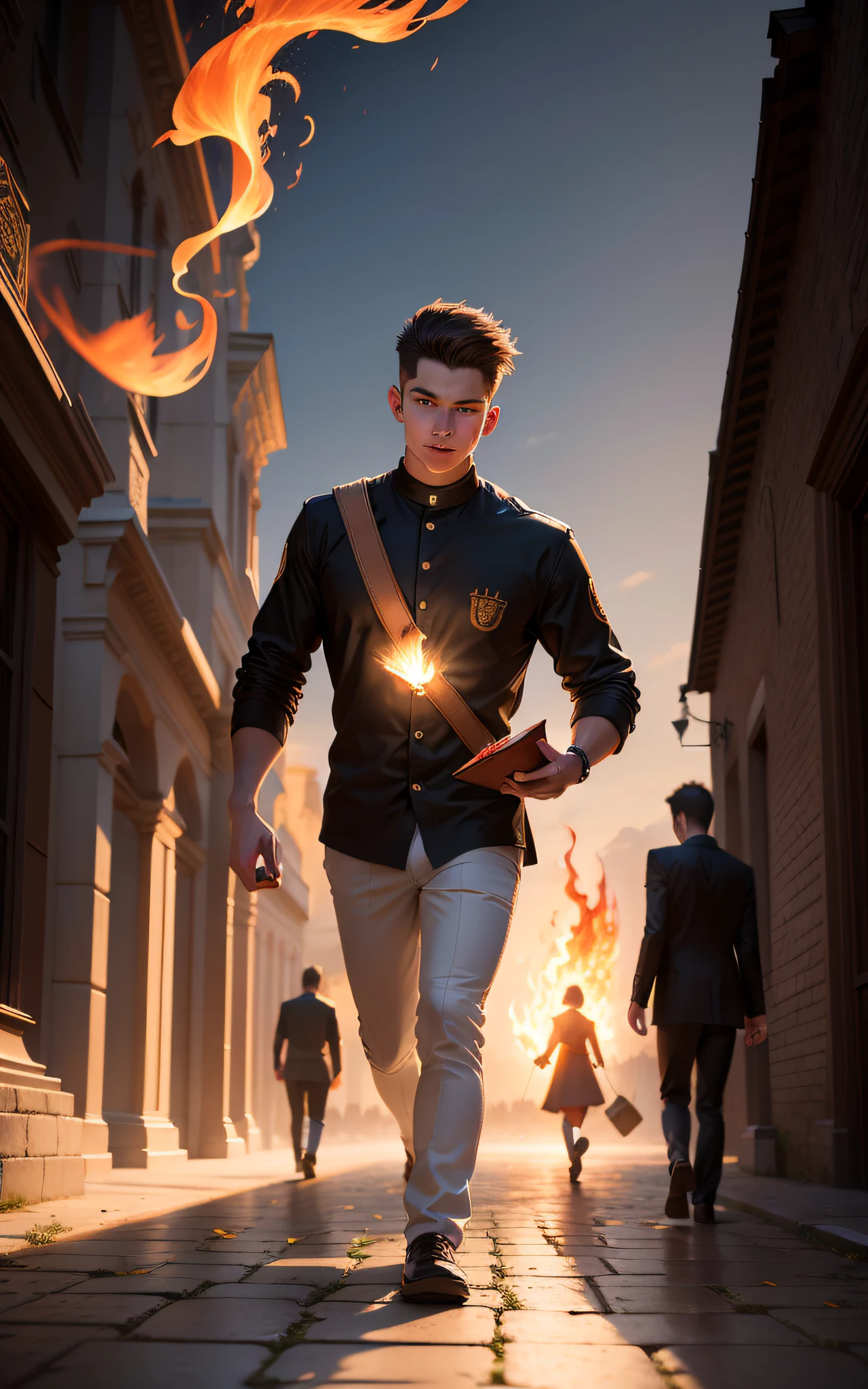 "logo | logo, Full body design:1.1, realistic, young (walking, walking, strolling, exploring) on a path, holding a bible, a flame followed by the young man on top (floating, gliding, dancing), evangelism logo:1.2"