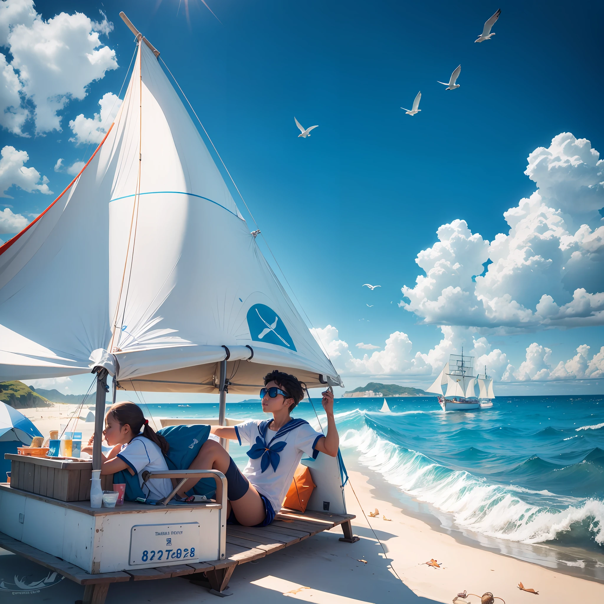 Summer camp, sailing, ocean, coastline, blue, sky, sun, wind, sail, wave, beach, seagull, cabin, tent, tide, sailor, seascape, island, swimming, fishing, waves, dolphin, starfish, snorkeling, surfing, sea breeze，8k --auto --s2