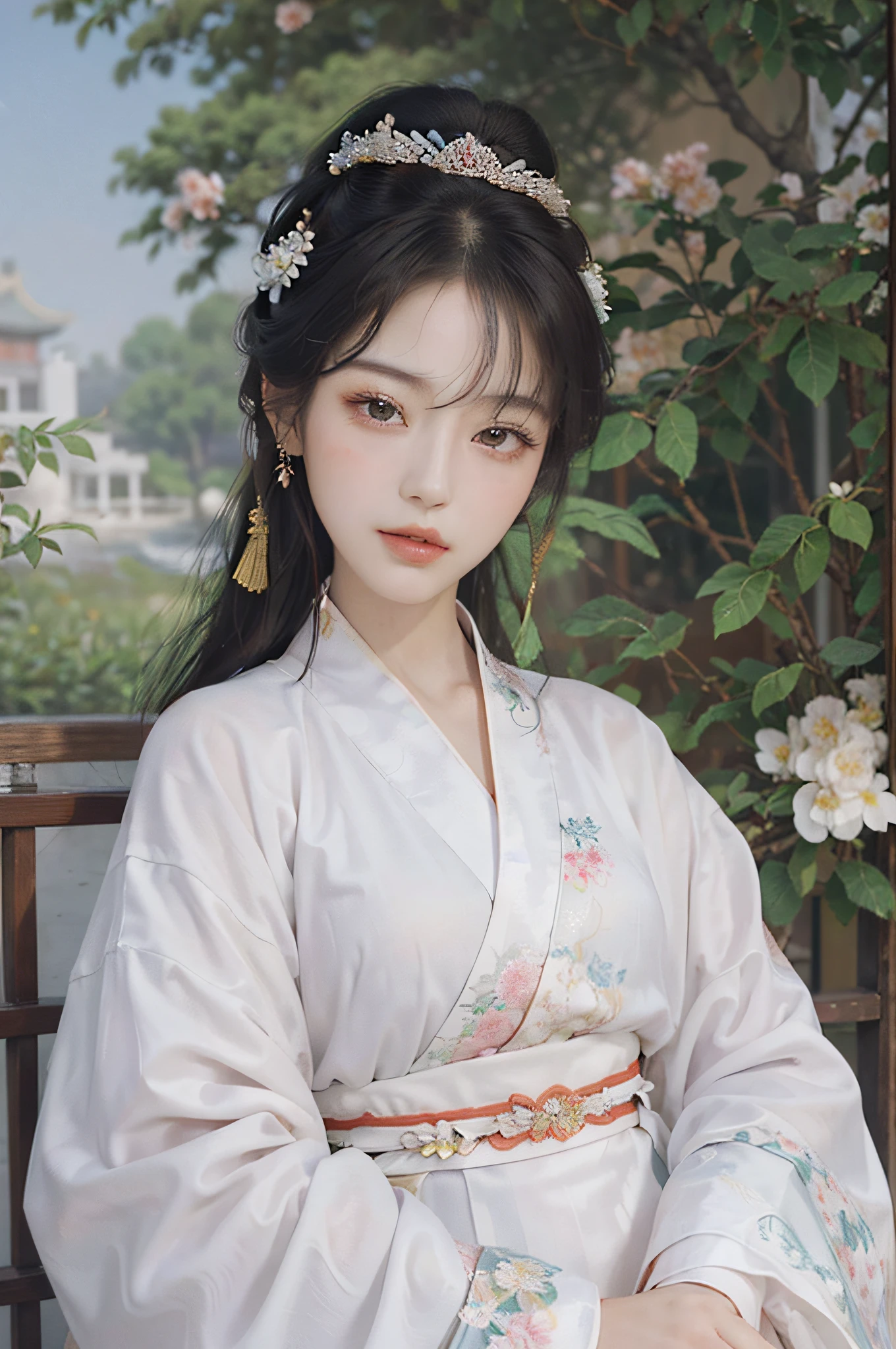a close up of a woman in a kimono with flowers, palace , a girl in hanfu, hanfu, ethereal beauty, white hanfu, wearing ancient chinese clothes, with acient chinese clothes, gorgeous chinese model, chinese style, ((a beautiful fantasy empress)), with ancient chinese aesthetic, chinese girl, traditional beauty, beautiful asian girl, a beautiful fantasy empress