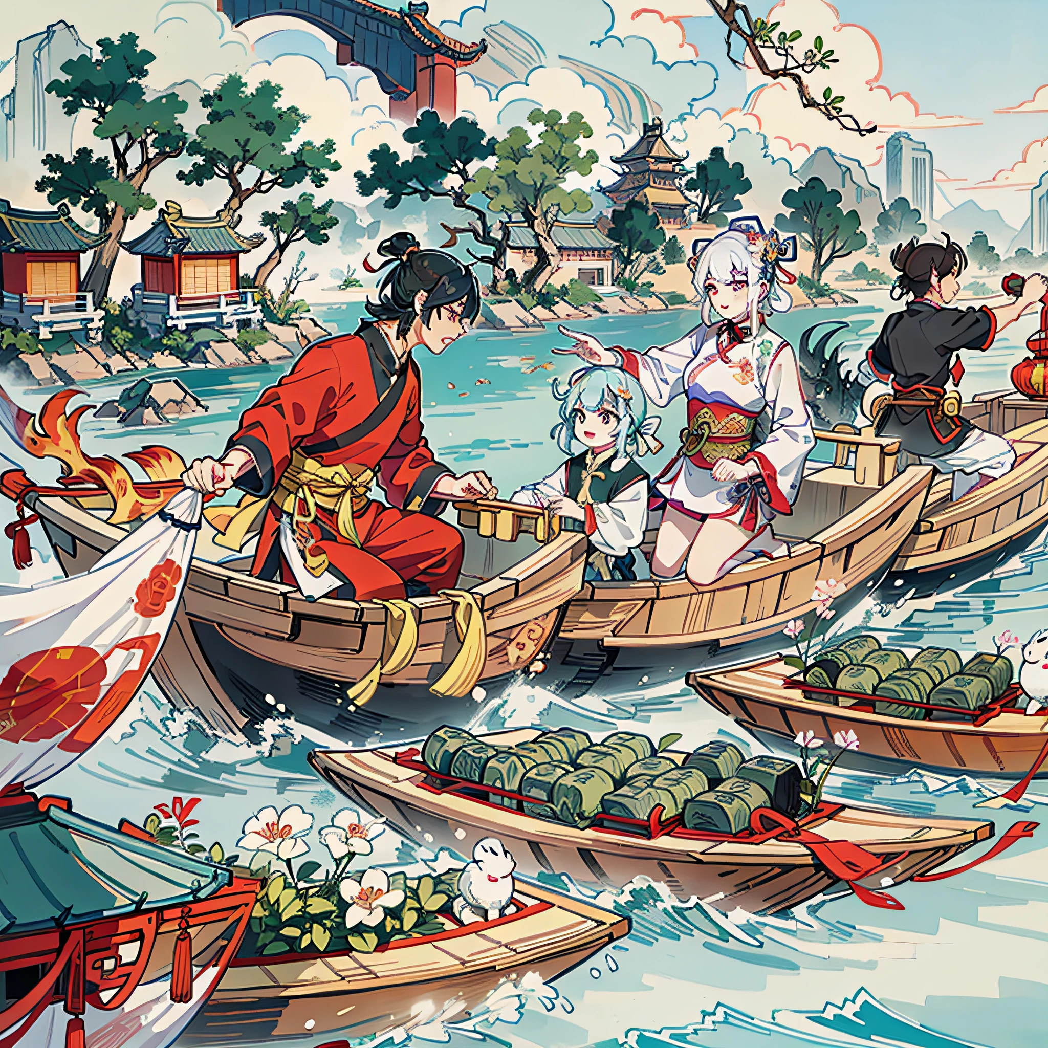 Dragon Boat Festival, Dragon Boat, Exaggerated Expressiveness, Zongzi, Creativity, Ancient Chinese Elements, Ancient Chinese Architecture, River,