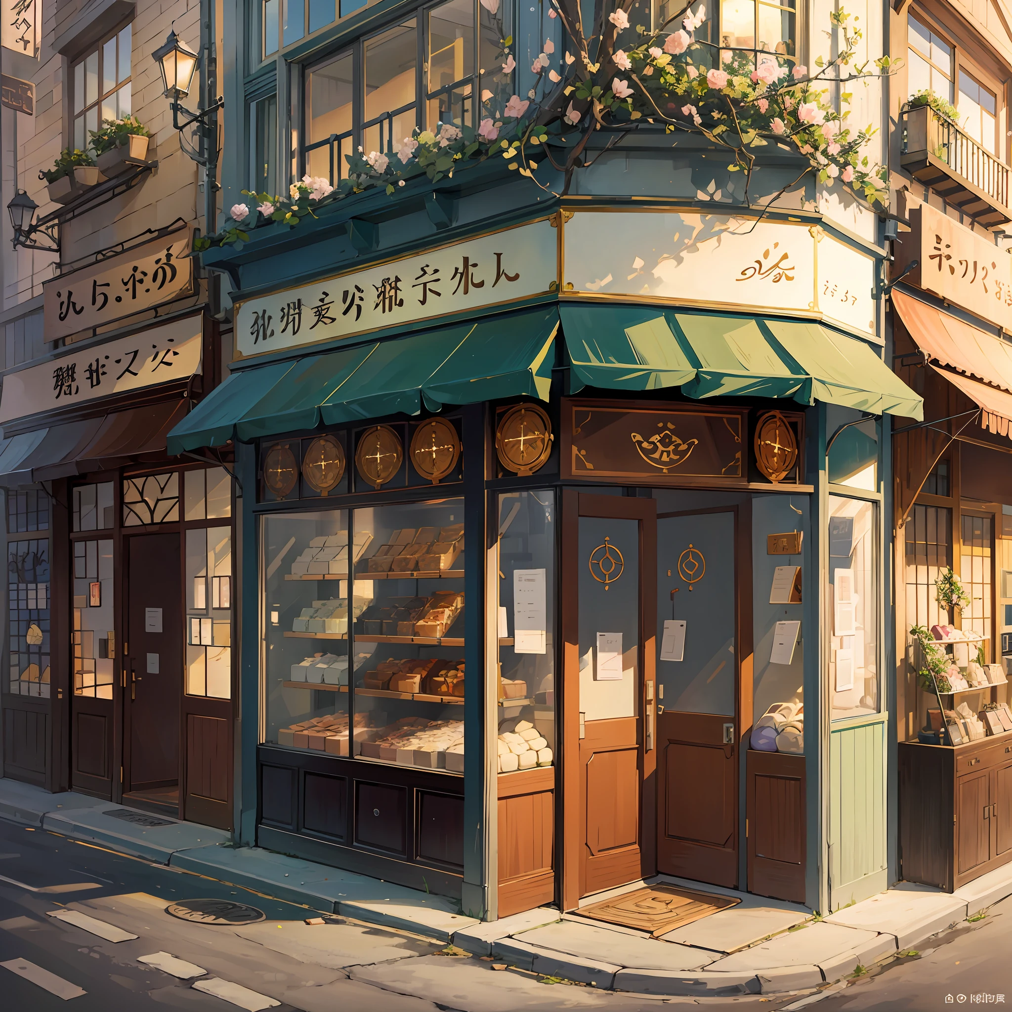 An anime confectionery with soft aesthetics, with a white tree in front of it, unique shop, anime style, construction --auto --s2