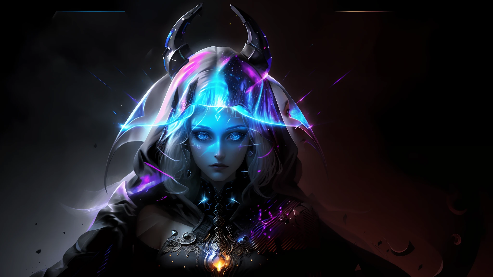 award winning studio photo of beautiful powefull female god, epic pose, white hair, (close up:1.2), (ultra detailed:1.4), lots details, hdr, (luxary holographic dress:1.4), (cloak:1.2), (complex patterns:1.2), (ancient caligraphy:1.2), makeup, headdress, decorations, detailed face, nature skin texture, bright colors, (saturated:1.2), vibrant colors, night, dark, moon light, nimb, (skin texture:0.7), fire