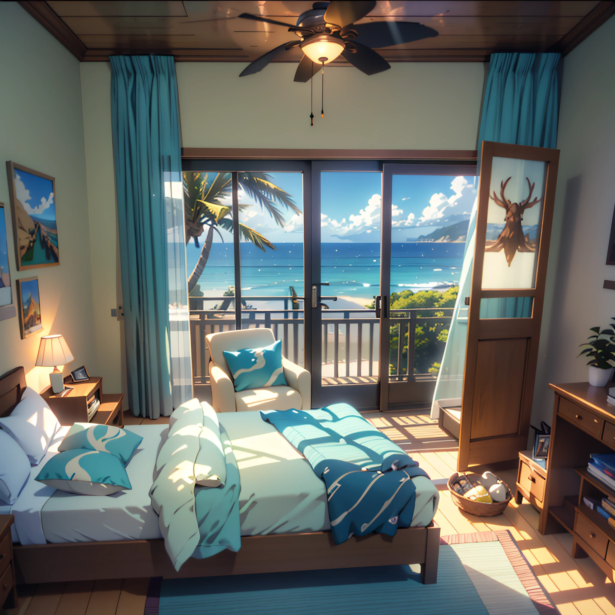 there is a room with a view of the ocean and a deck, sunny bay window, relaxing concept art, anime beautiful peace scene, painted in anime painter studio, beautiful anime scenery, realistic anime 3 d style, bedroom in studio ghibli, studio glibly makoto shinkai, studio ghibli sunlight, style of makoto shinkai, rendered in pov - ray --auto --s2