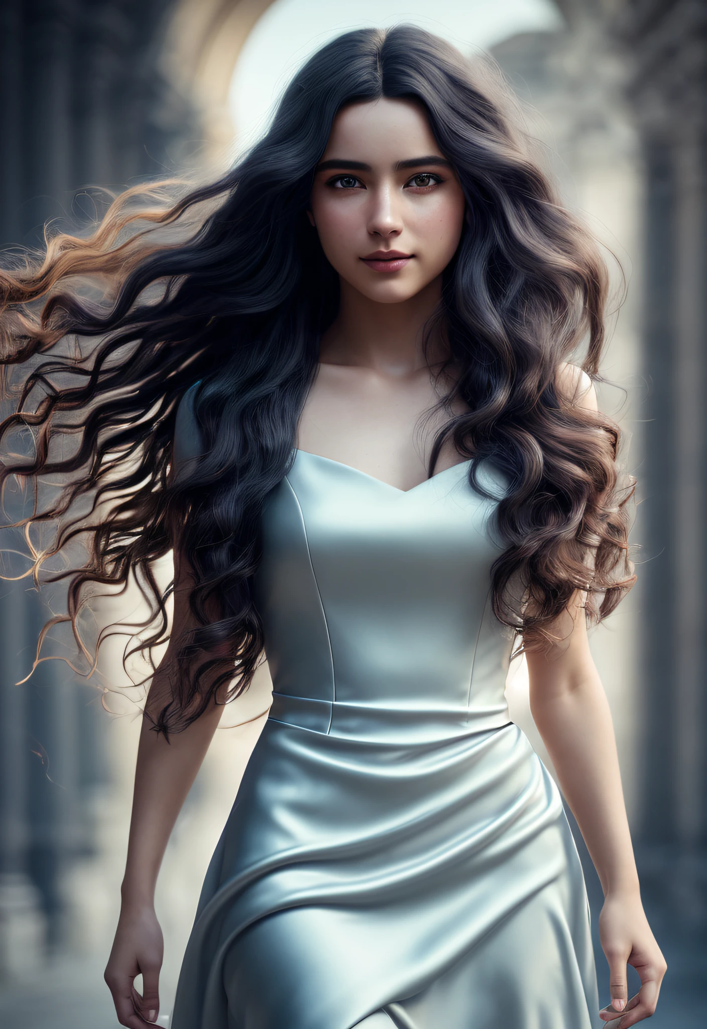 ultra hyper realistic award winning full body photo of a single Italian female, full body, 36 yo, beautiful face, posing, smile, long black hair, hair wavy flowing in the wind, cinematic, fine details, 8k, dark shot, soft volumetric lights, backlit, cinematic, intricate details, ArtStation cell shading, digital art, bloom, dark and gloomy full body 8k unity render, female , Blue yonder hair, wearing light coloured silk dress, porcelain cracked skin, skin pores, detailed intricate iris, very dark lighting, heavy shadows, wind blowing, detailed, detailed face, (vibrant, dramatic, dark, sharp focus, 8k) standing in Rome