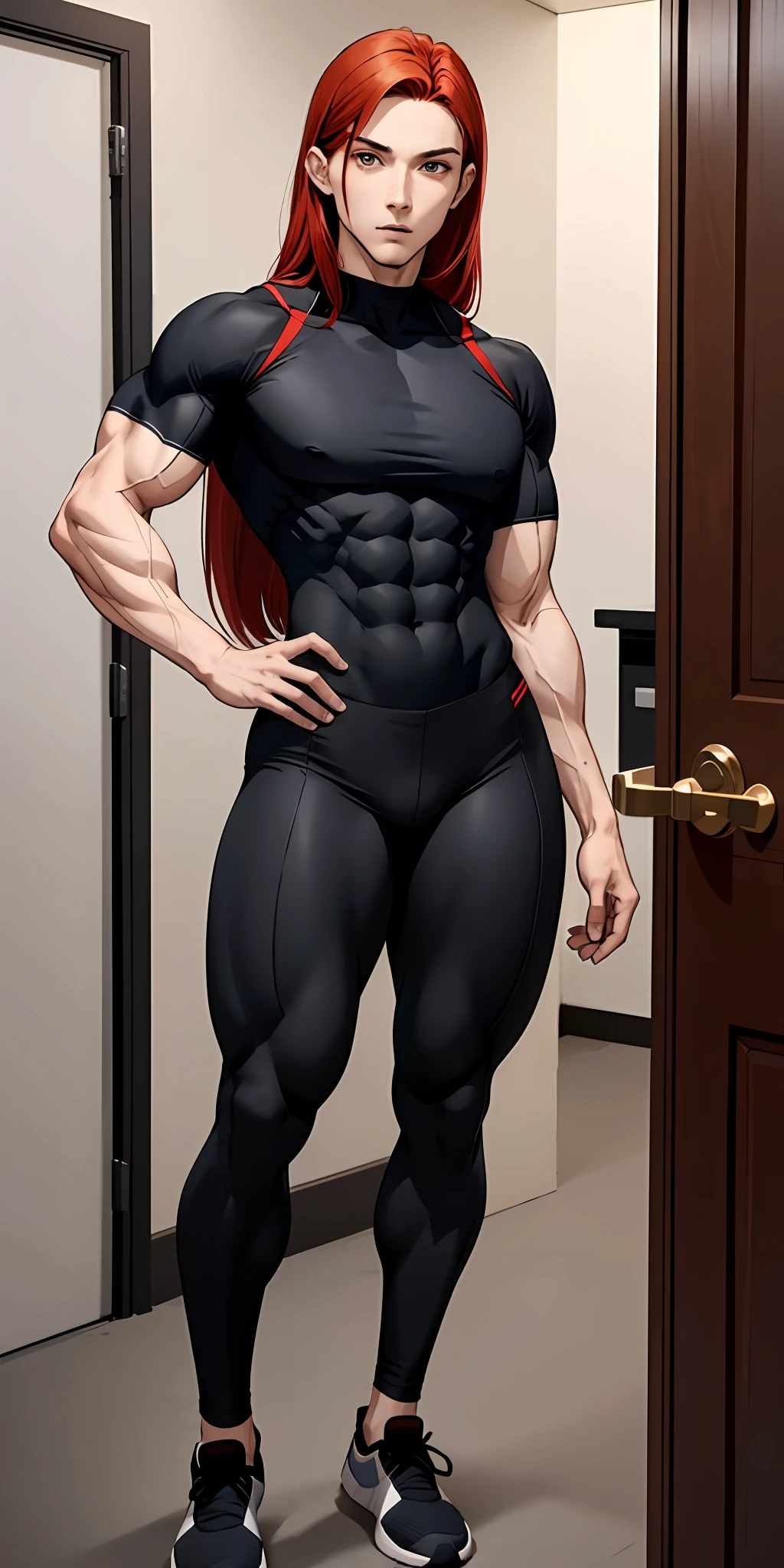 Boy, male body, adult, girl face, seductive face, provocative look, redhead, long hair, perfect body, fit body, thin waist, sleeve shirt fulfilled, muscular, small chest, cycling pants with pretuberance, pretuberance, sissy, femboy