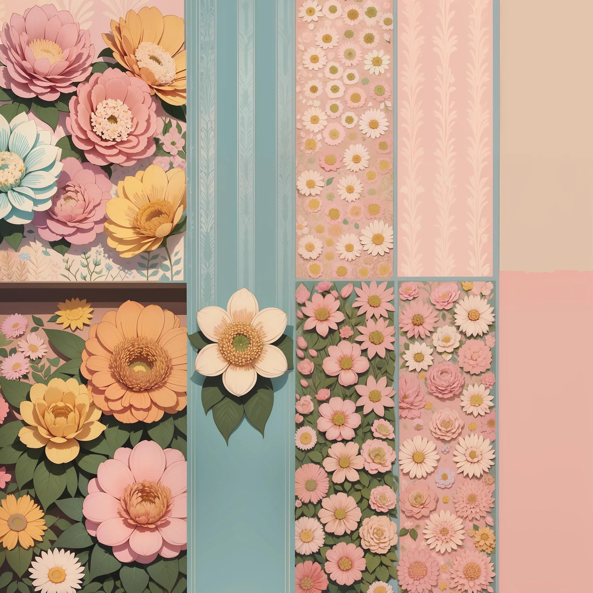 Set pattern of large flowers with plants, defined shape, flat style, vector style, drawing style, naïve style, wallpaper style, in soft pastel colors such as old pink, pastel blue, light blue, beige, pastel violet, pastel yellow and white. No shadows in the images.