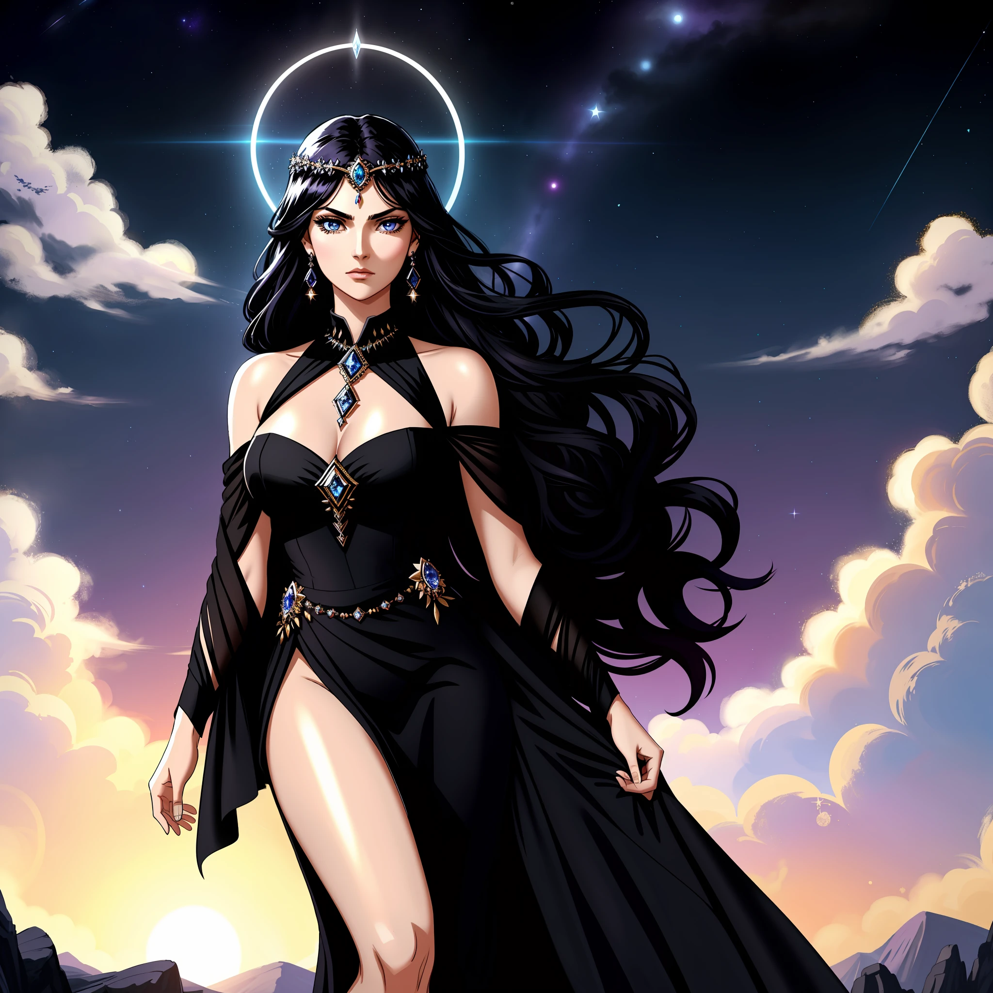 Masterpiece, best quality, 16k, uhd, Visionary Art, woman floating in the sky, half body, dynamic pose, powerful, serious look, angry expression, piercing eyes, beautiful eyes, symmetrical eyes, purple irises, long eyelashes, black wings, deity, goddess of greek mythology, goddess nyx, allegorical painting, goddess Hecate, conservative dress, closed neckline, elegant dress, long dress, skirt without slits, black dress, Flowing Clothing, Black Clothing, Voil Fabric, Flowing Fabric, Loose Hair, Black Hair, Very Long Hair, Beautiful Hair, Shiny Hair, Big Hip, Small Breasts, Beautiful Hands, Shiny Crystal, Magic Crystal, Minimalist Tiara, Crystal Tiara, Jewelry
silver, beautiful jewelry, minimalist jewelry,halo of light behind the head, night sky scenery, dark sky, universe, night with stars, magic clouds, beautiful clouds, bright moon, renaissance, divine, consciousness expansion, acetate painting, worm angle