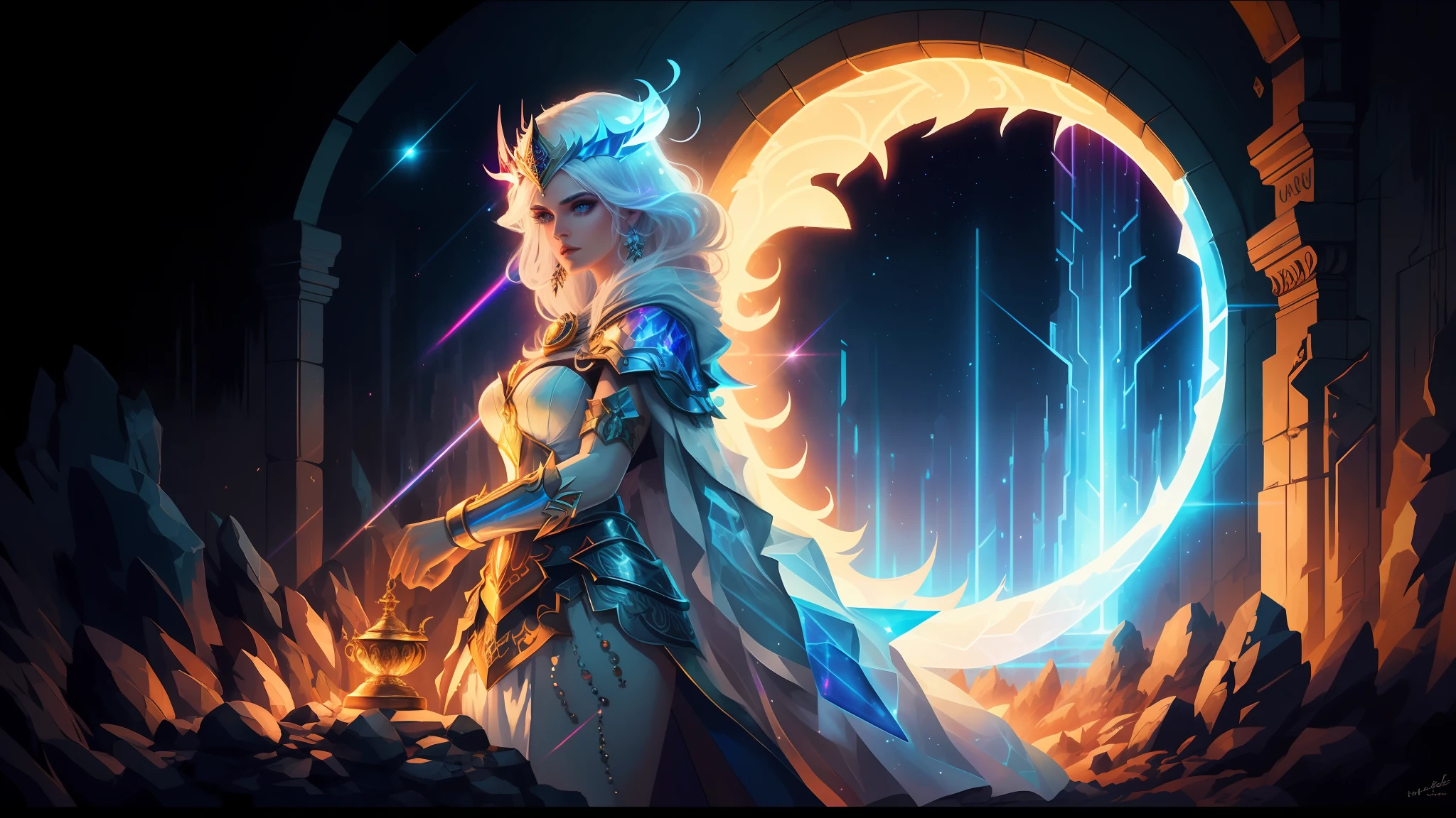 award winning studio photo of beautiful powefull female god, epic pose, white hair,  (close up:1.2), (ultra detailed:1.4), lots details,  hdr, (luxary holographic dress:1.4), (cloak:1.2), (complex patterns:1.2),  (ancient caligraphy:1.2), makeup, headdress, decorations, detailed face, nature skin texture,  bright colors, (saturated:1.2), vibrant colors, night, dark, moon light, nimb, (skin texture:0.7), fire