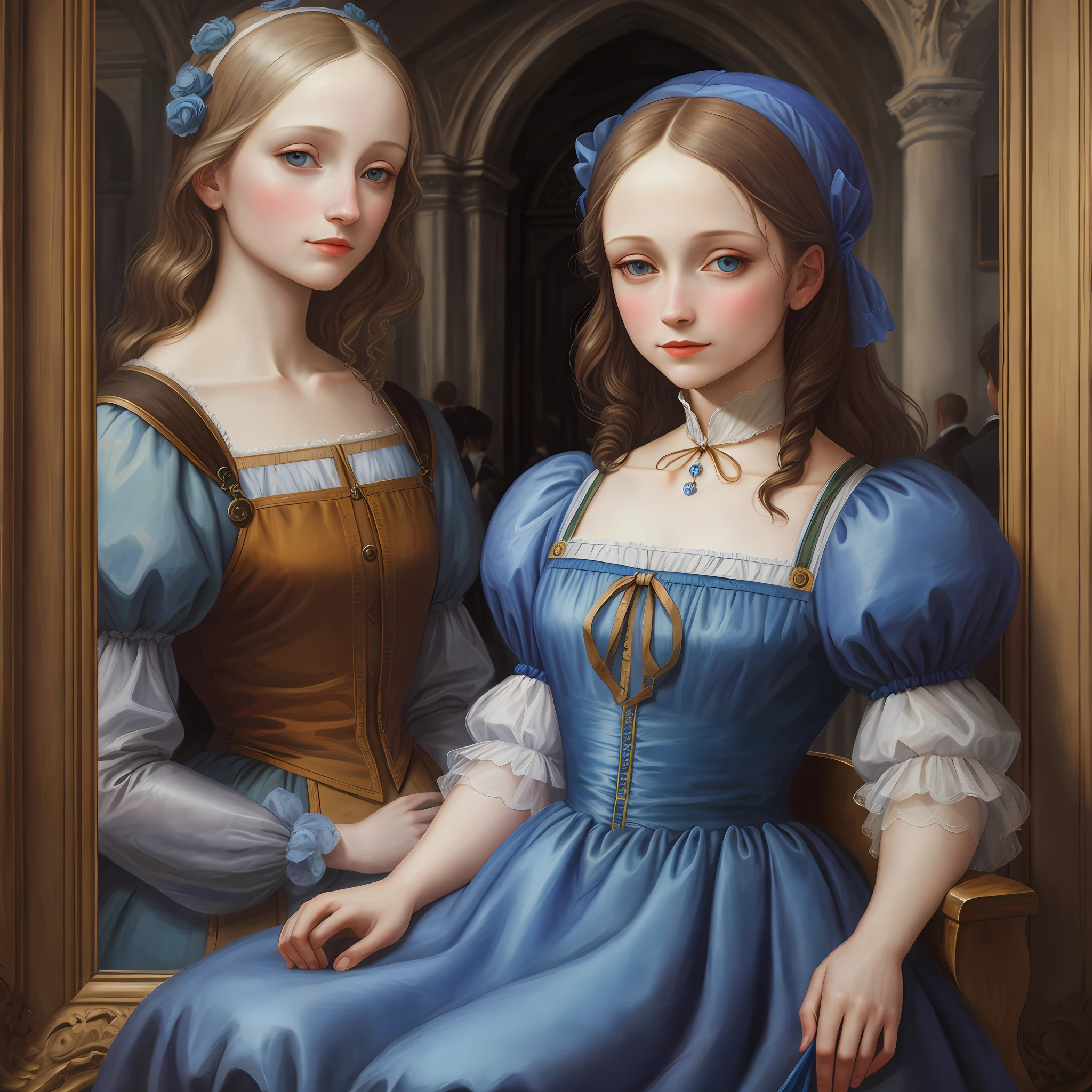 Emma Myers, blue dress, in Paris, oil painting, Leonardo Da Vinci, defined features, realism, renaissance, spill-color, makeup, gloves