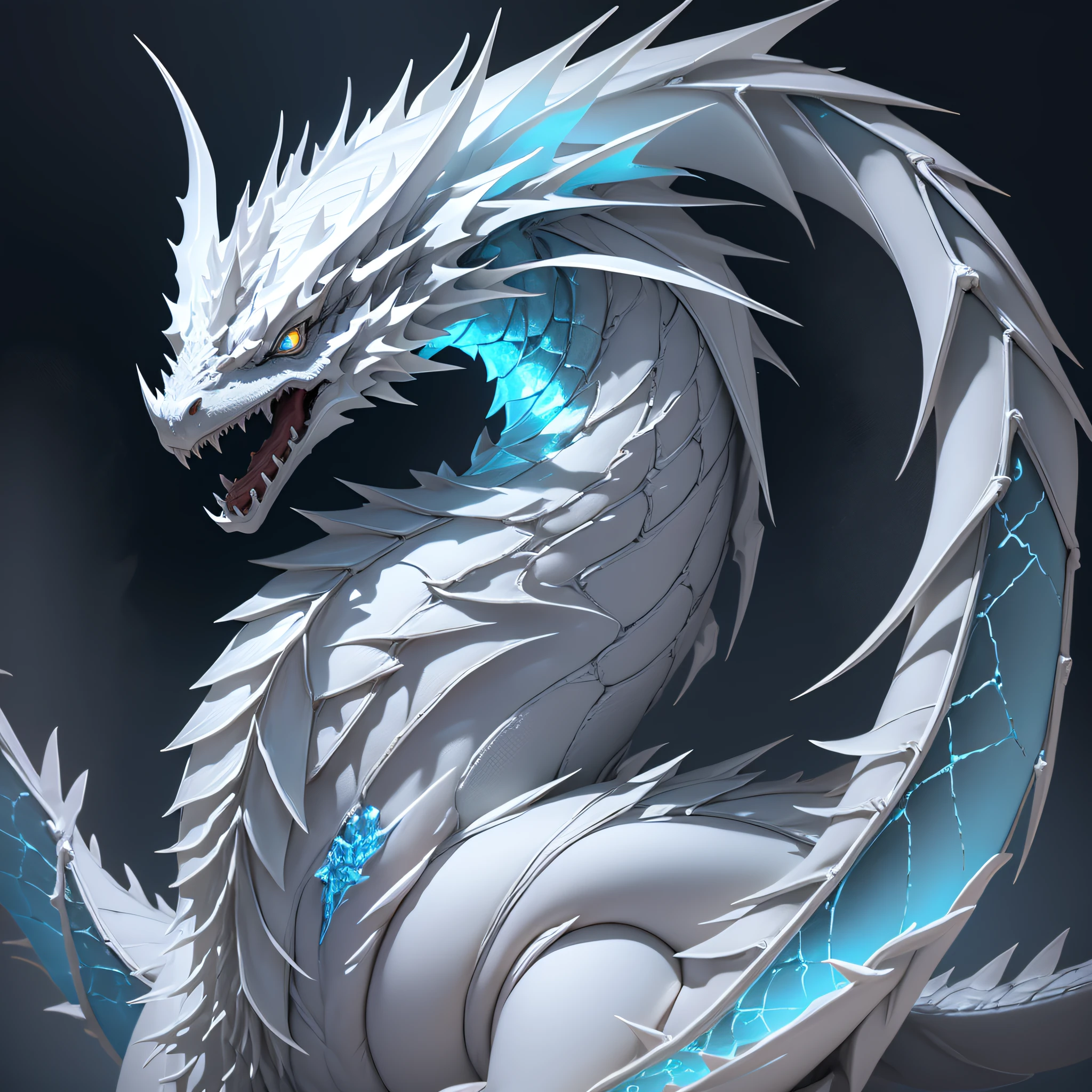 White ice dragon, realistic 4k without defects black background without basic duplication and minimalist with good lighting without cropping the image full dragon and black background using blue background lights