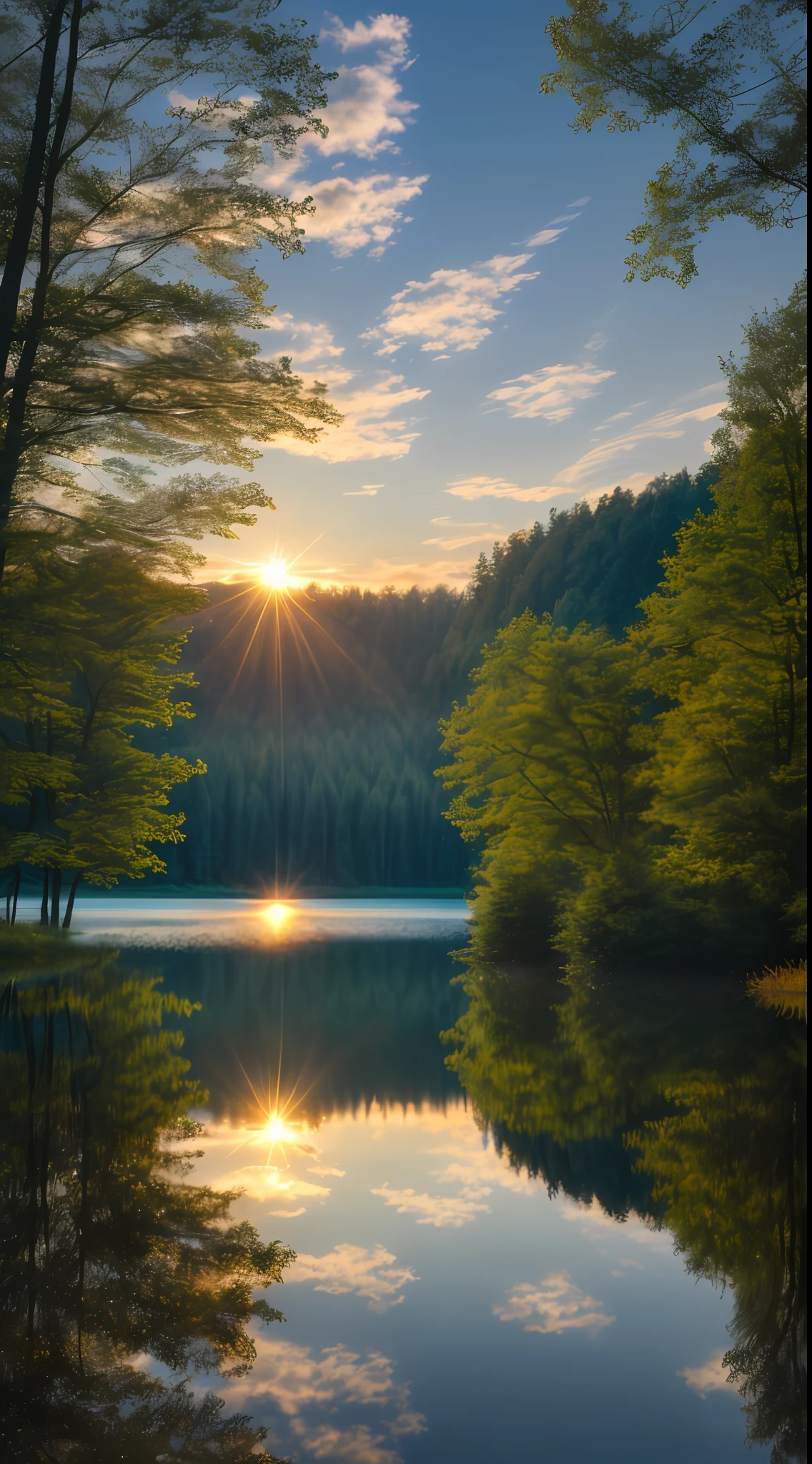 Wallpaper, summer, lake, dawn, forest, clouds, dawn background, depth of field, HD detail, hyperdetail, cinematic, soft light, deep field focus bokeh, ray tracing, diffuse (ultra-fine glass reflection) and realism. --v6