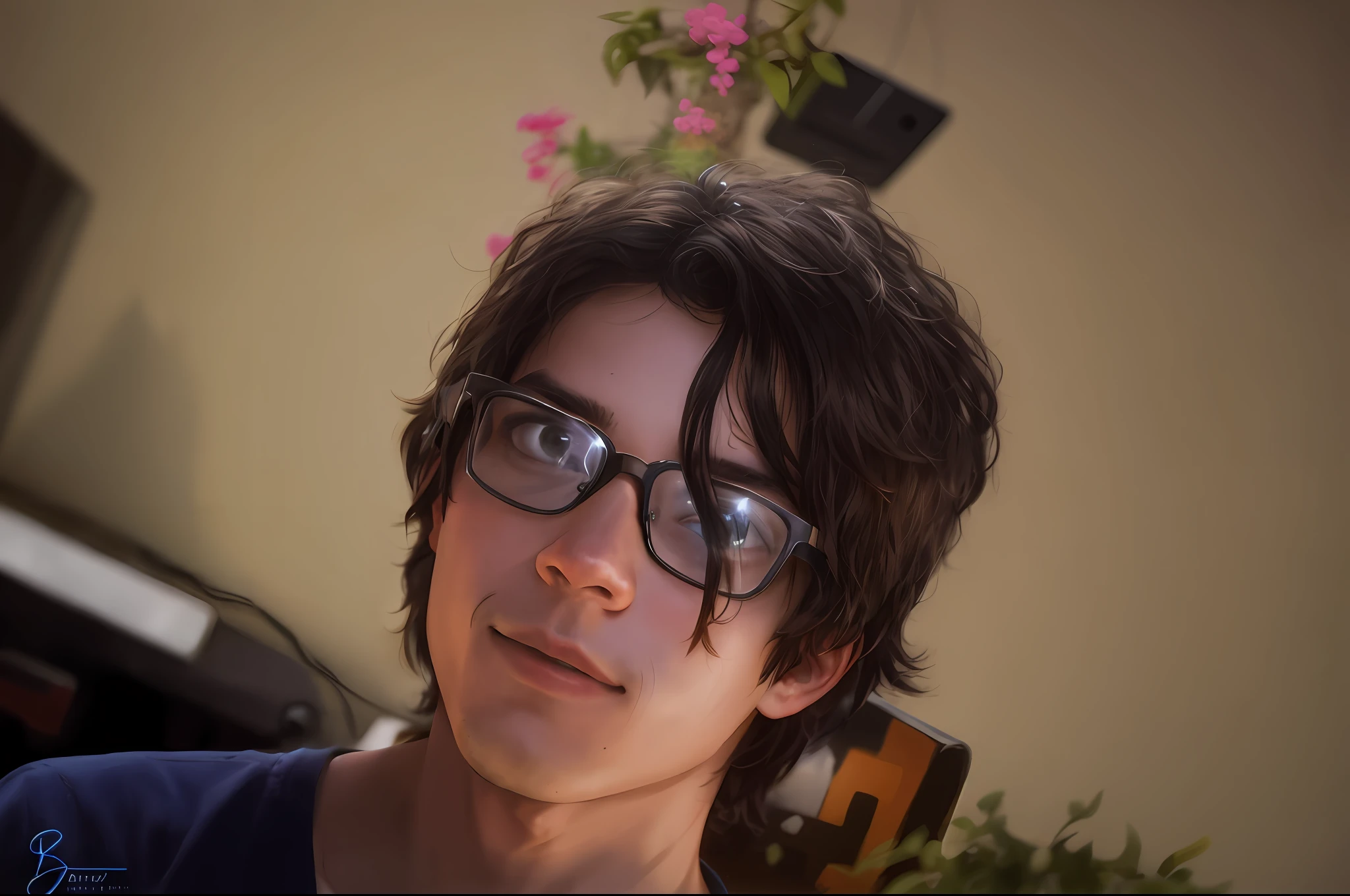 There's a kid with glasses looking at the camera, profile picture, portrait of a 15-year-old boy with big blue headphones, cyber punk style