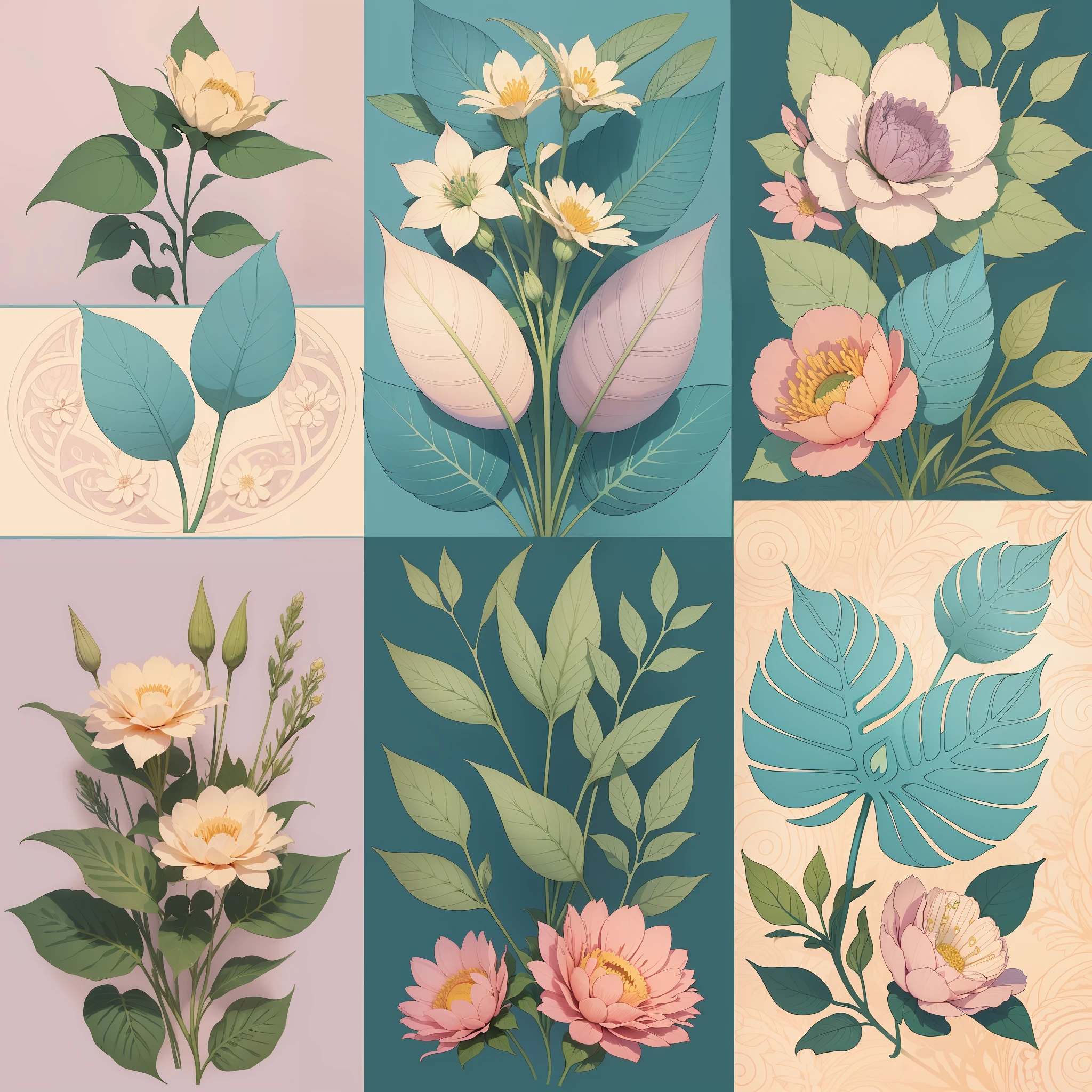 Set pattern of large flowers with plants and vines, defined shape, flat style, vector style, drawing style, naïve style, wallpaper style, in soft pastel colors such as old pink, pastel blue, light blue, beige, pastel violet, pastel yellow and white. No shadows in the images.
