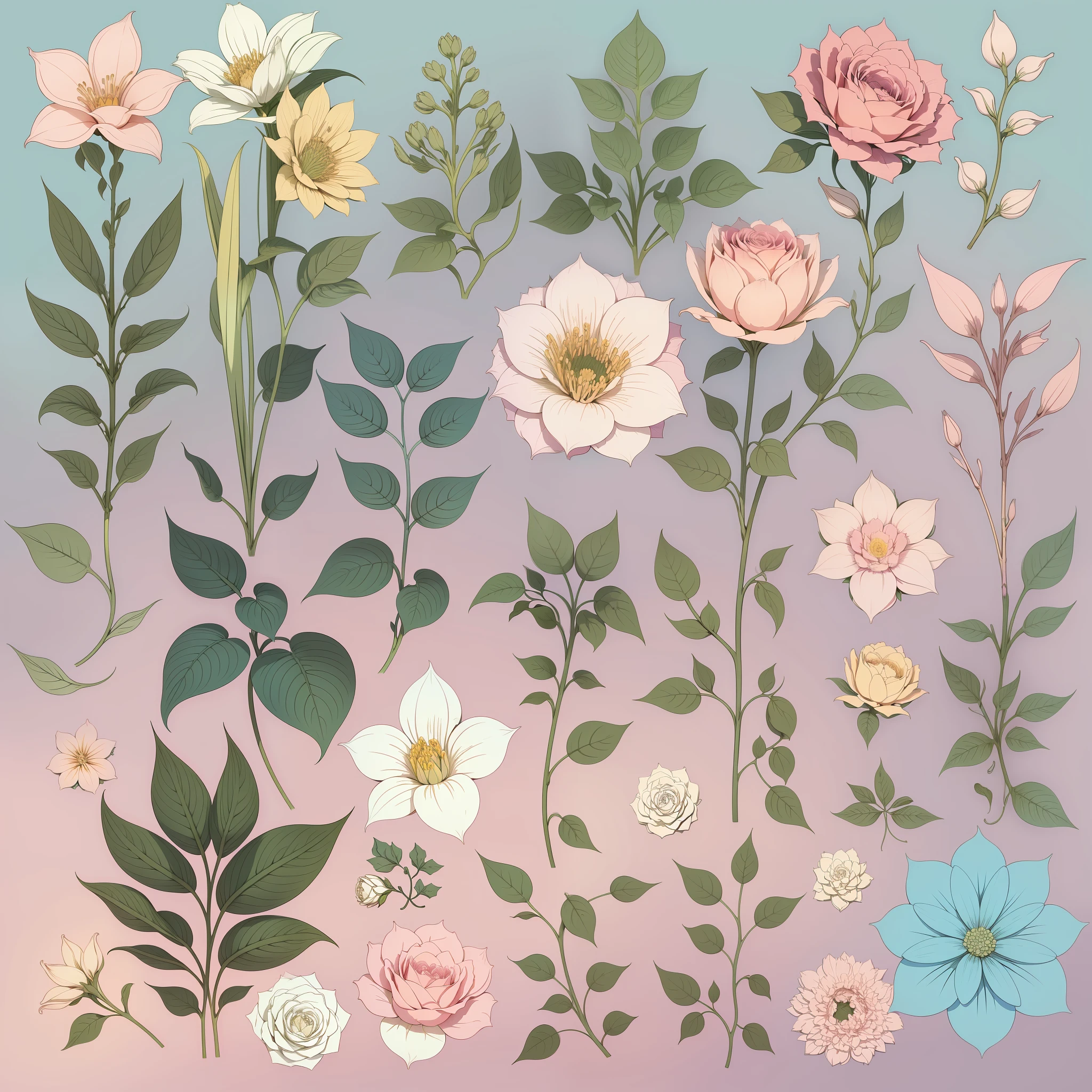 Set pattern of large flowers with plants and vines, defined shape, flat style, vector style, drawing style, naïve style, wallpaper style, in soft pastel colors such as old pink, pastel blue, light blue, beige, pastel violet, pastel yellow and white. No shadows in the images.