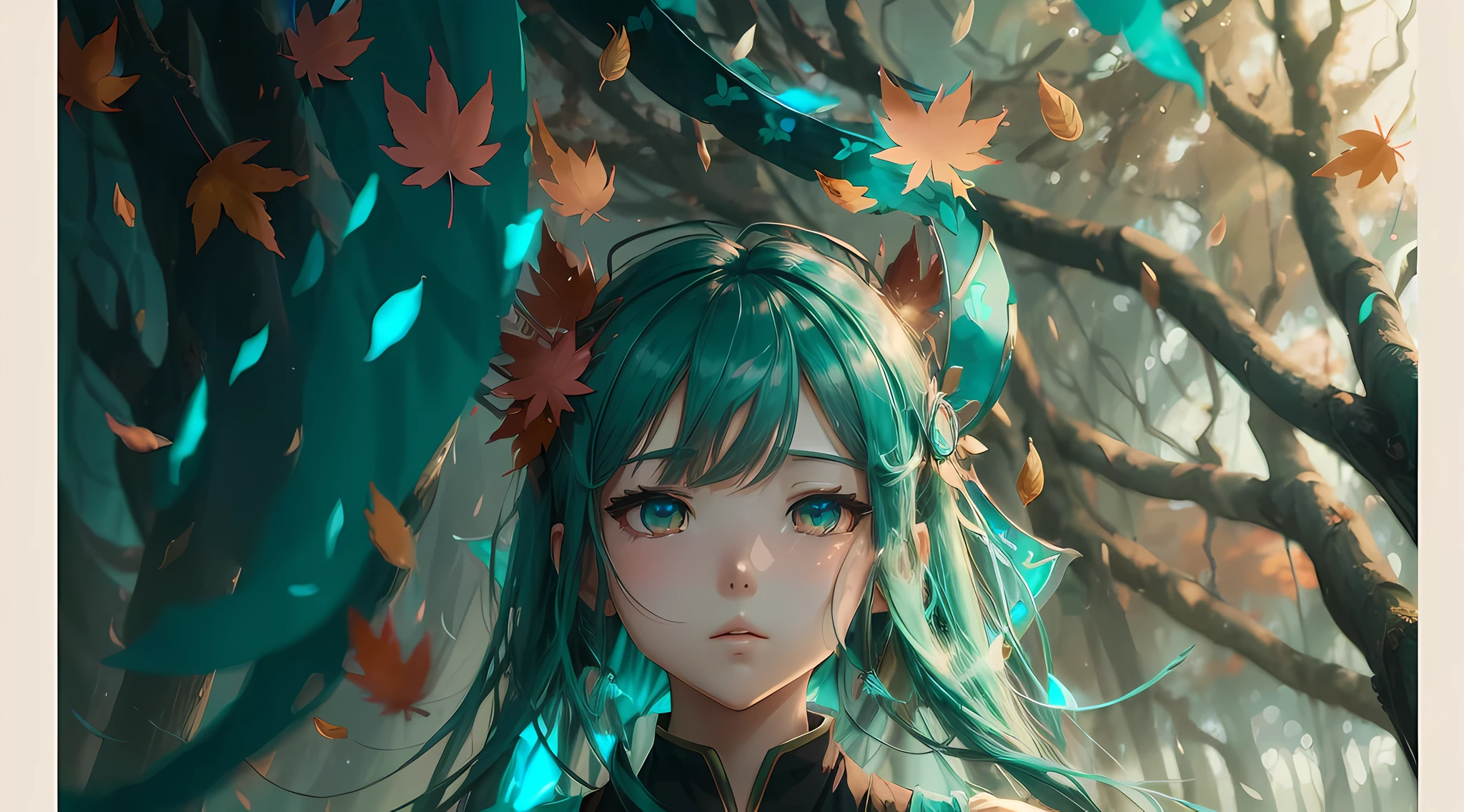 (High Detail:1.2)Anime Girl,(Cinematic Lighting,Delicate Colors),(Falling Leaves:1.2), Calm Lighting, Wind, Fog. Turquoise, delta shades. discord banner --auto --s2