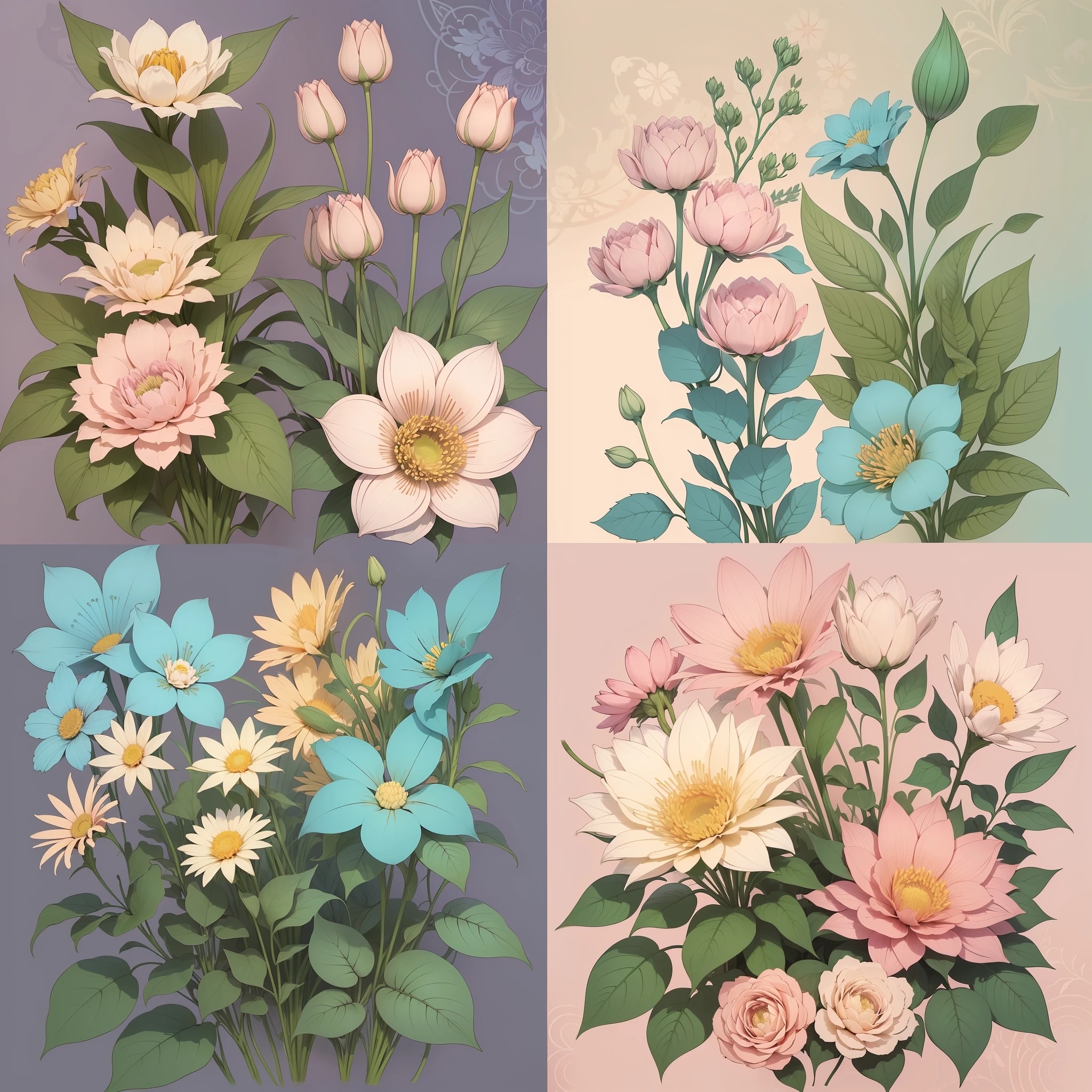 Set pattern of large flowers with plants and vines, defined shape, flat style, vector style, drawing style, naïve style, wallpaper style, in soft pastel colors such as old pink, pastel blue, light blue, beige, pastel violet, pastel yellow and white. No shadows in the images.