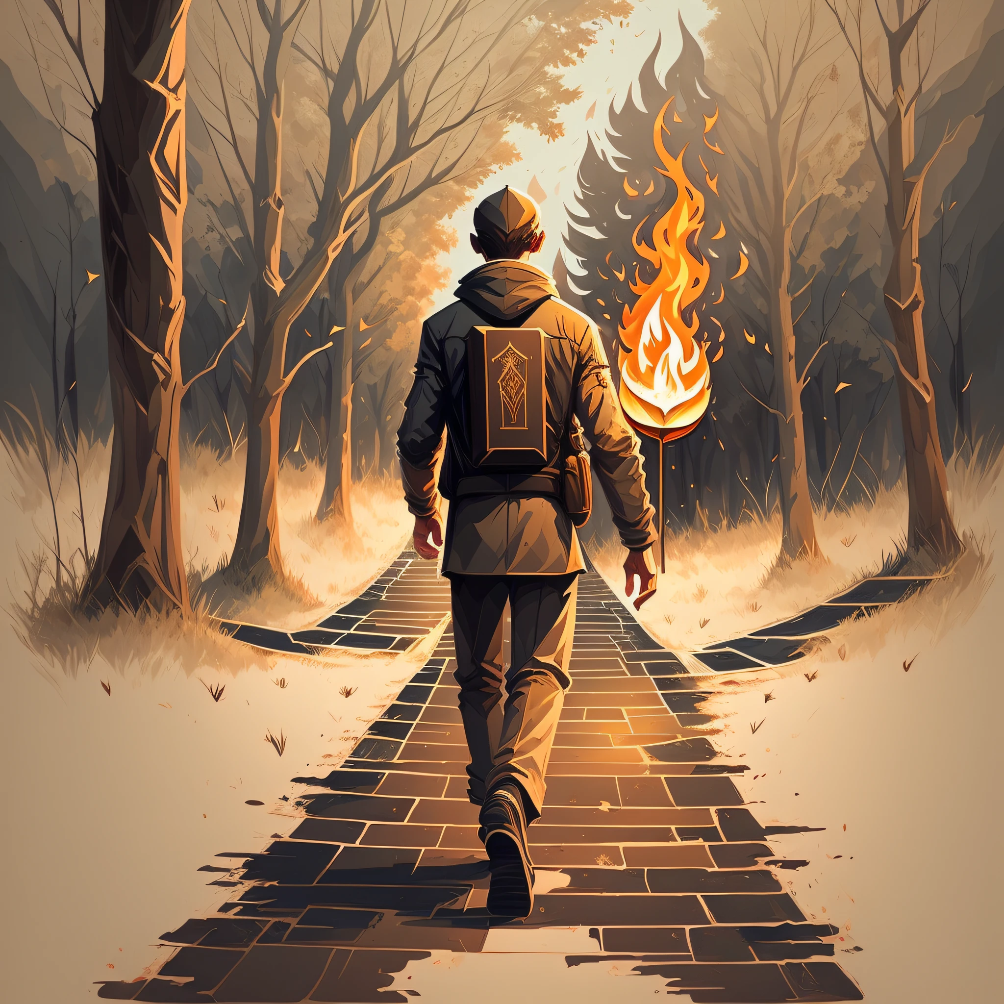 "logo | logo, Full body design:1.1, realistic, young (walking, walking, strolling, exploring) on a path, holding a bible, a flame followed by the young man on top (floating, gliding, dancing), evangelism logo:1.2" based on Isaiah 6 --auto --s2