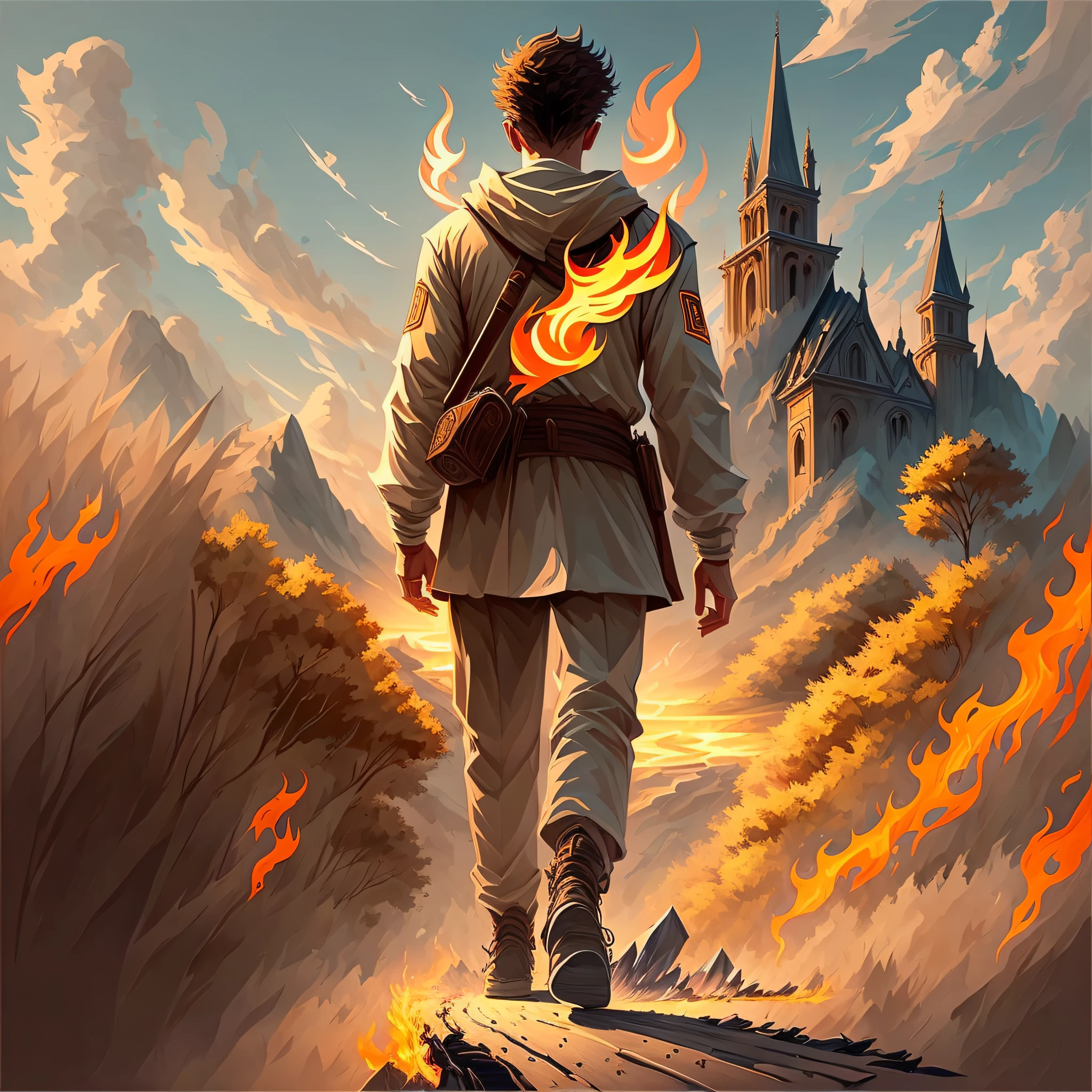 "logo | logo, Full body design:1.1, realistic, young (walking, walking, strolling, exploring) on a path, holding a bible, a flame followed by the young man on top (floating, gliding, dancing), evangelism logo:1.2" based on Isaiah 6 --auto --s2