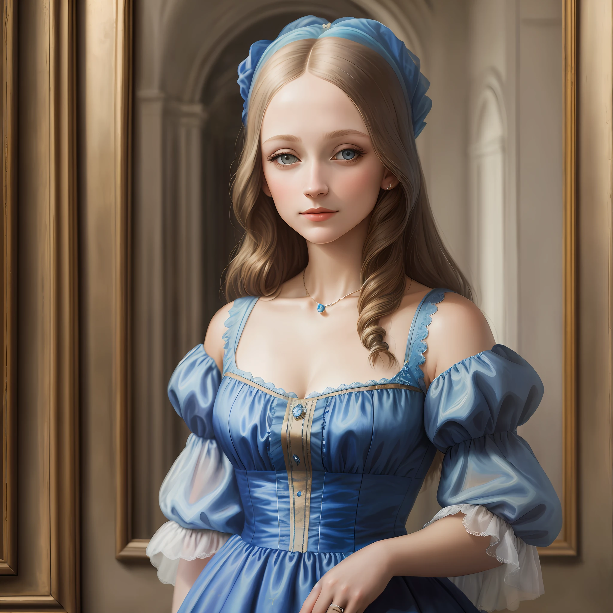 Emma Myers, blue dress, in Paris, oil painting, Leonardo Da Vinci, defined features, realism, renaissance, modern makeup, bangs, messy hair, crystal necklace, pearl bracelet, moon crown on head