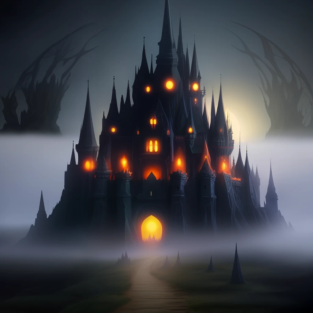 anthill, fantasy, dark castle, fog, night, nebular