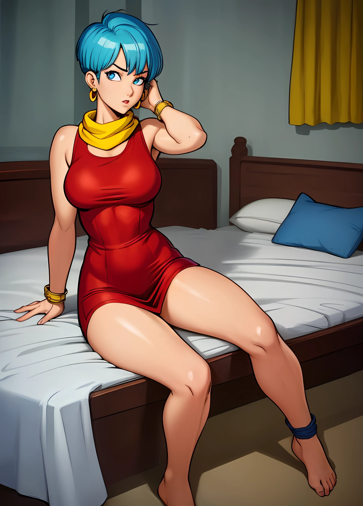 masterpiece, best quality, highest quality, (photorealistic),  perfect anatomy, perfect face, perfect eyes,
bulmadbzreddress, aqua hair, red dress, short hair,  blue eyes, yellow scarf,  sleeveless, earrings, sexy pose, 1girl, on bed, lying, lying on bed, sexy pose, spread legs