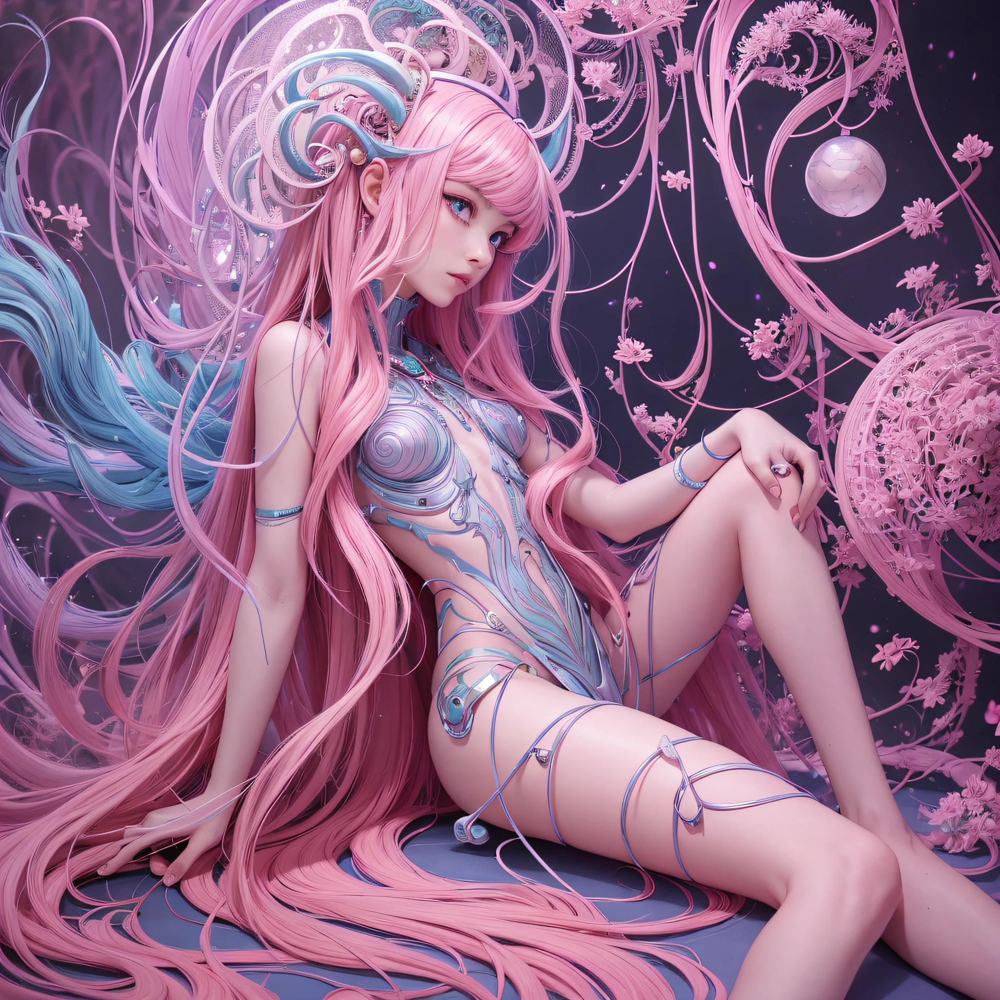 Goddess of artificial intelligence, James jean, annie liebowitz, anime, studio ghibli, beautiful androgynous humanoid velvet worm Hallucigenia, pink-pigmented skin, long pink hair, pastel skin, muted blues, muted colors of pink skin, full body, masmer izing, Photorealistic, Anamorphic lenses, everything in sharp focus, film, sharp focus, polymer, pastel, ternary,  --ar 4:5  --style raw 50 --auto --s 2 --s2