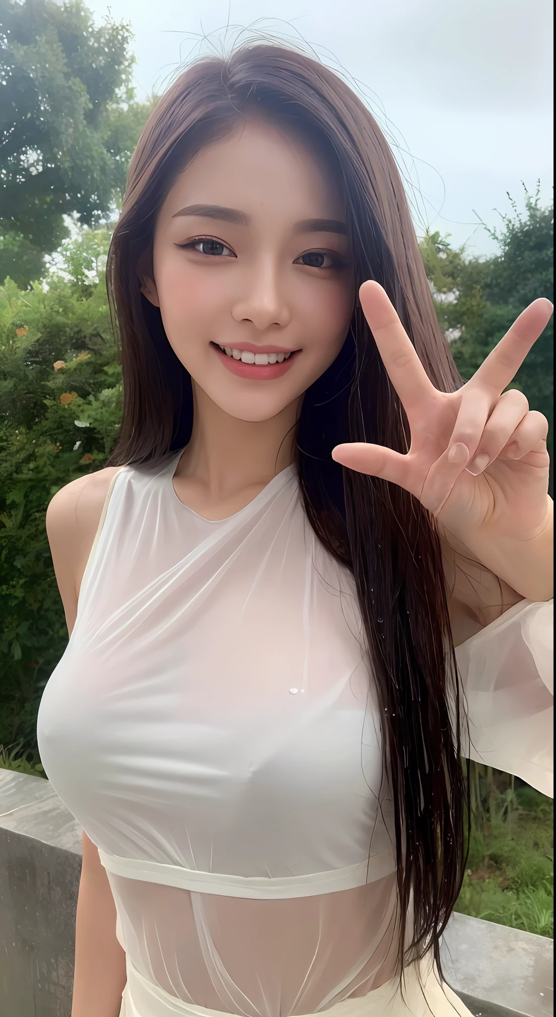 Clothes with sheer ???????, wet skin, best smile (top quality, 4k, masterpiece: 1.3), peace pose, see-through, gorgeous woman, 1 girl, (skinny, perfect body: 1.2), abs: 1.1, dark brown hair: 1.1, (rain wet, wet body: 1.2), ultra detailed face, detailed lips, detailed eyes, double eyelids