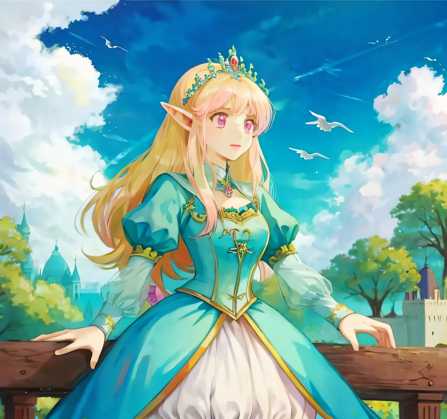 Nobleman, princess, elf, (pink eyes), (looking up at the sky)