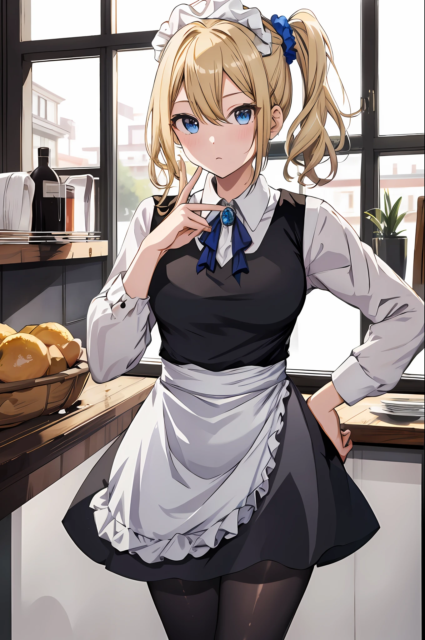best quality, highres, 1girl, hayasaka ai, solo, blonde hair, maid, blue eyes, side ponytail, hair scrunchie, hair ornament, blue scrunchie, maid headdress, apron, hair between eyes, breasts, long sleeves, bangs, white shirt, black dress, sidelocks, maid apron, black pantyhose, cowboy shot,