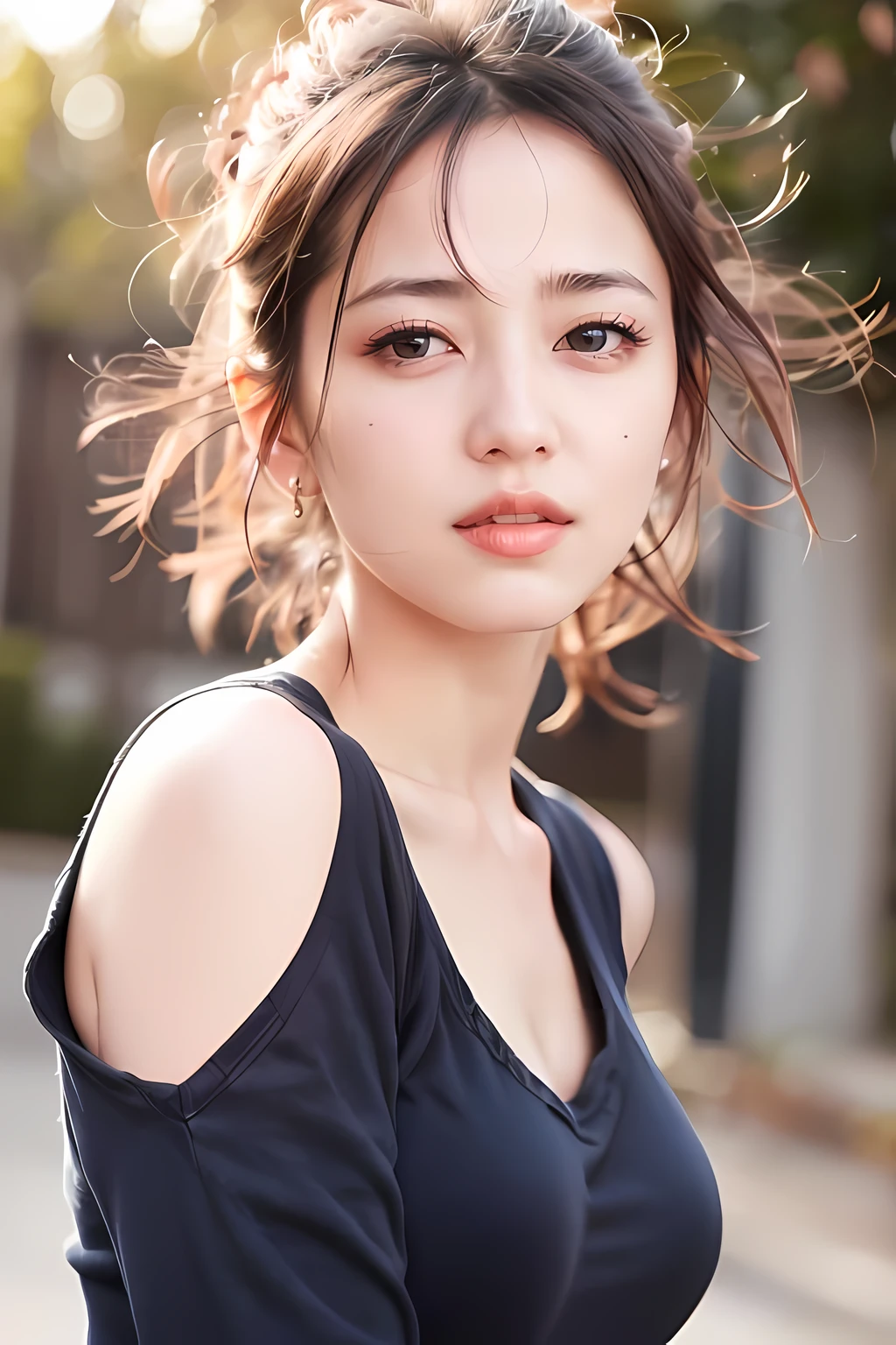 dressed, (photo realistic:1.4), (hyper realistic:1.4), (realistic:1.3),
(smoother lighting:1.05), (increase cinematic lighting quality:0.9), 32K,
1girl,20yo girl, realistic lighting, backlighting, light on face, ray trace, (brightening light:1.2), (Increase quality:1.4),
(best quality real texture skin:1.4), finely detailed eyes, finely detailed face, finely quality eyes,
(tired and sleepy and satisfied), face closeup, t-shirts,close-up,
(Increase body line mood:1.1), (Increase skin texture beauty:1.1)