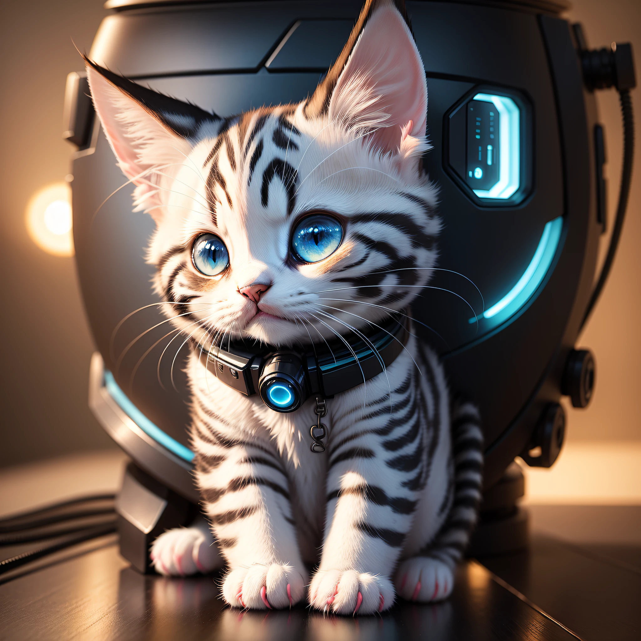 (detailed description) (high quality) cute cybernetic kitten