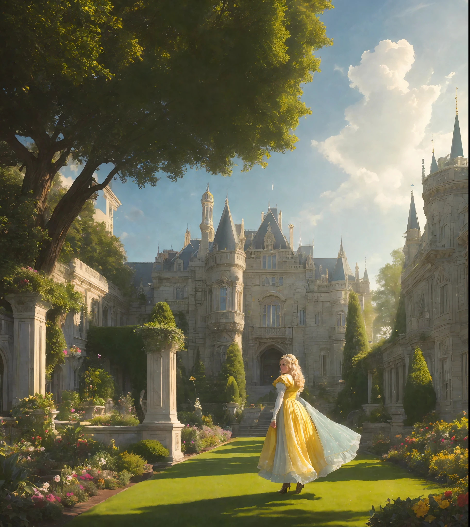 (Cinematic Photo:1.3) of (Masterpiece:1.3) A portrait of a (Belle) princess woman beautiful, dress crystal crystallized yellow pastel ornate drops transparent, hair blonde, fantasy, Medieval, epic hyper-detailed masterpiece ultra-wide, cinematic still, glamour hyper shoot, bokeh, pre-raphaelite, photo, realistic, octane render, 35 mm, photography, 8k resolution, 8 k, cinematic lighting, photographic, Eastman Kodak Color Negative film 5251 50T shot on panavision super, art by Bagshaw Tom, stanley, greg rutkowski, thomas kinkade, norman rockwell,(Cowboy-shot:1.2), (85mm),light particles, lighting, (highly detailed:1.2),(detailed face:1.2), (gradients), sfw, colorful,(detailed eyes:1.2), (detailed ladscape, garden, plants, castle:1.2),(detailed background),detailed landscape, (dynamic angle:1.2), (dynamic pose:1.2), (rule of third_composition:1.3), (Line of action:1.2), wide shot, daylight, solo,Highly Detailed,(80s Art:1.3),(Magical Realism:1.3),(Classical Realism:1.3),(Fujifilm Superia:1.3),naturalism,land Art,regionalism,shutterstock contest winner,trending on unsplash,featured on Flickr